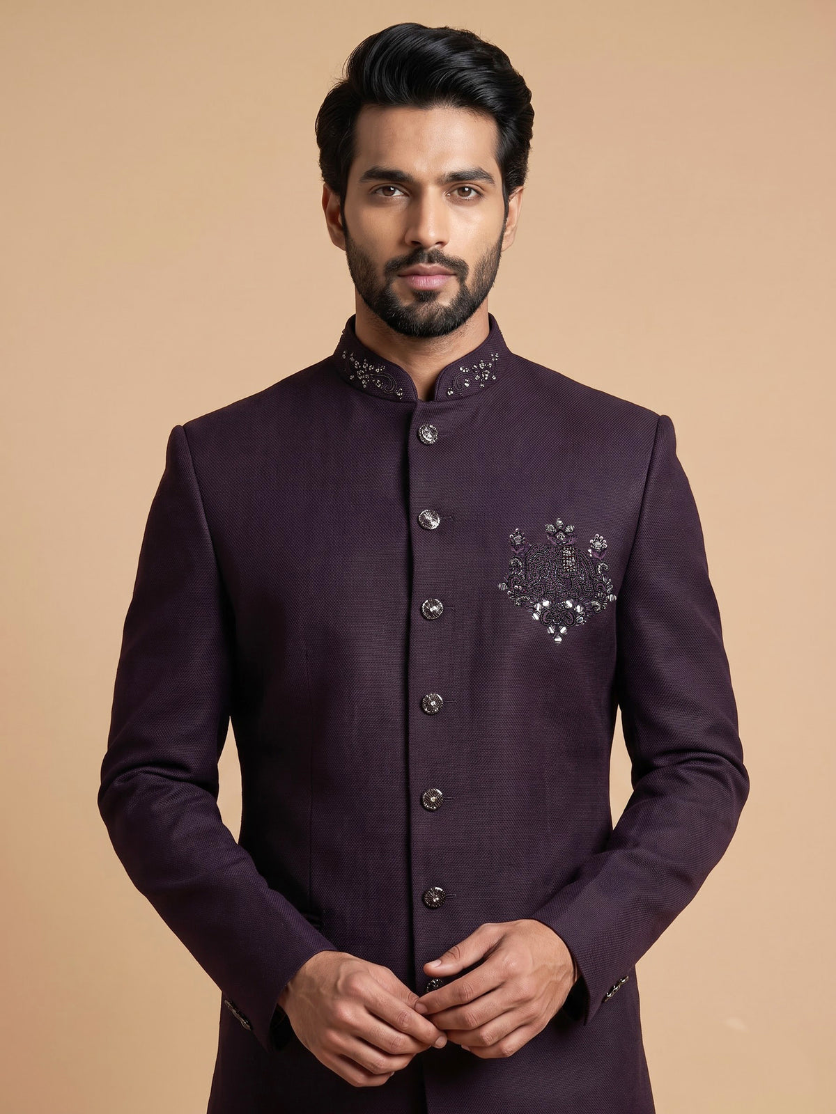 Deep wine tonal embellished crest indowestern suit for mens
