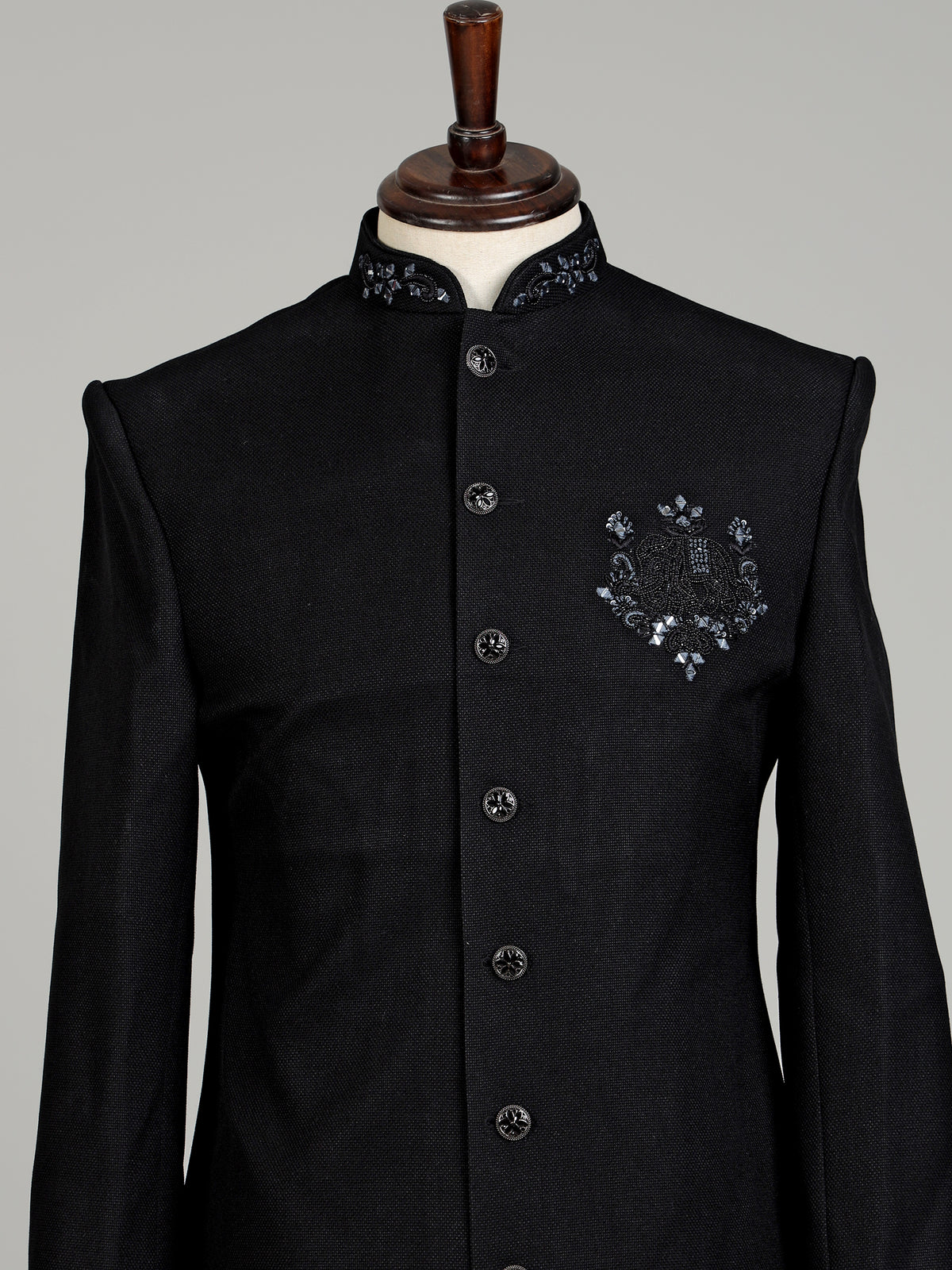 Black embellished tonal crest motif indowestern suit for mens
