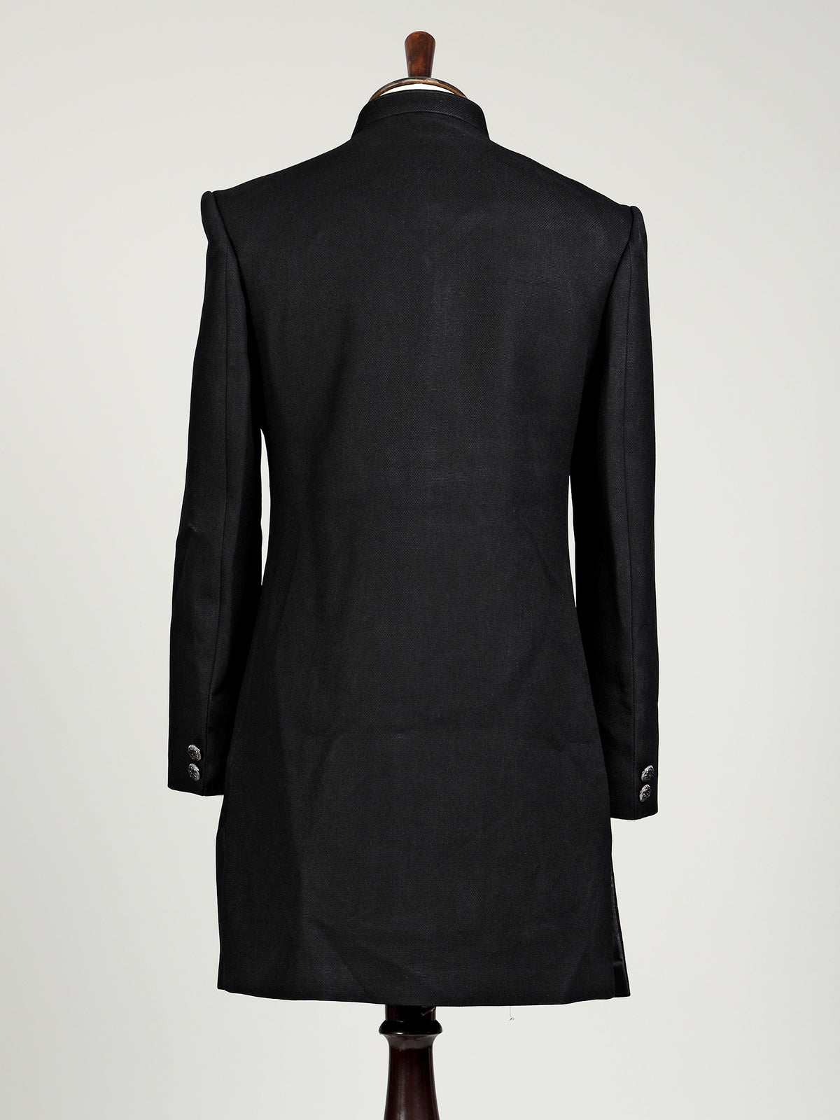 Black embellished tonal crest motif indowestern suit for mens