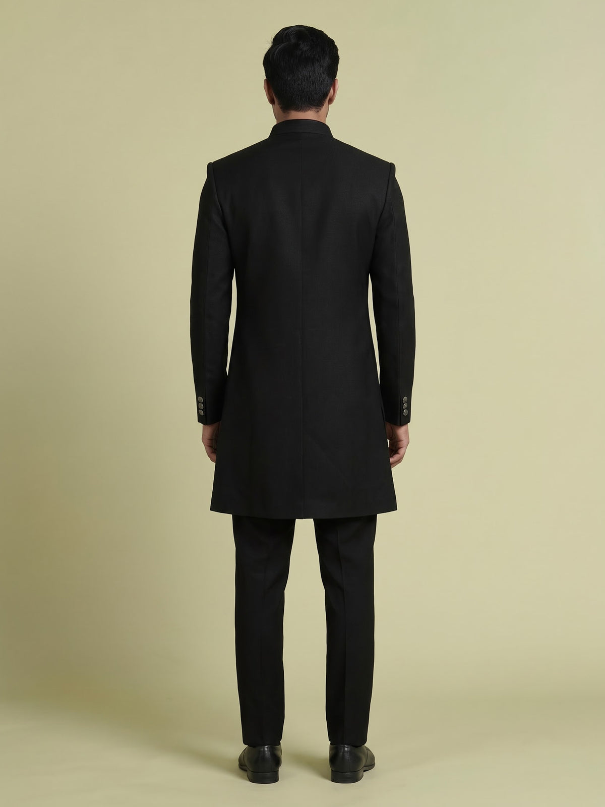 Black embellished tonal crest motif indowestern suit for mens