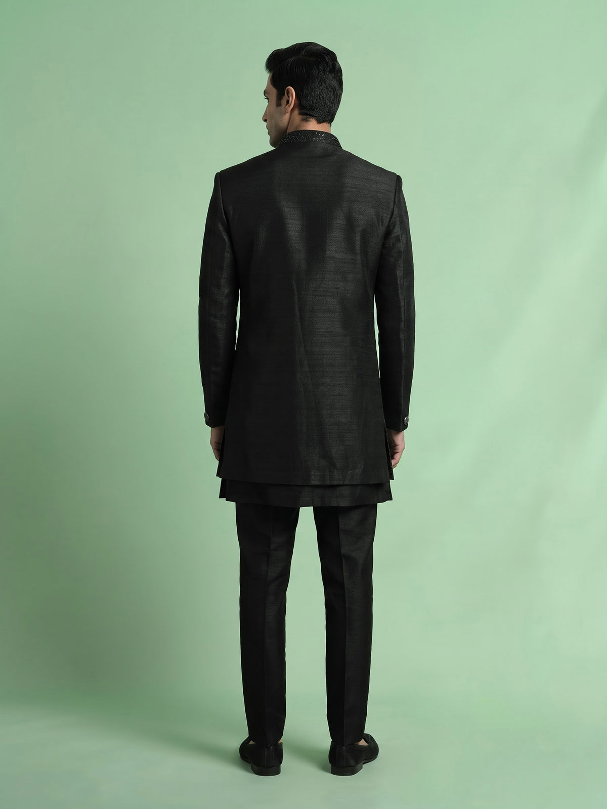 Jet black Swarovski embellished longline indowestern suit for mens
