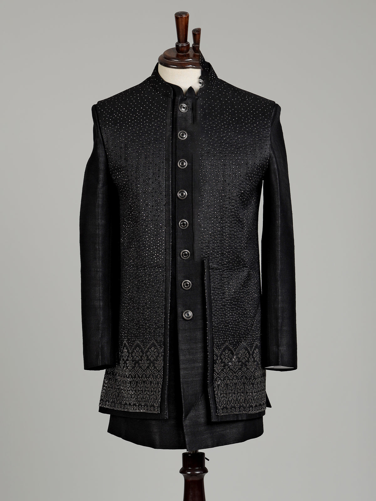 Jet black Swarovski embellished longline indowestern suit for mens