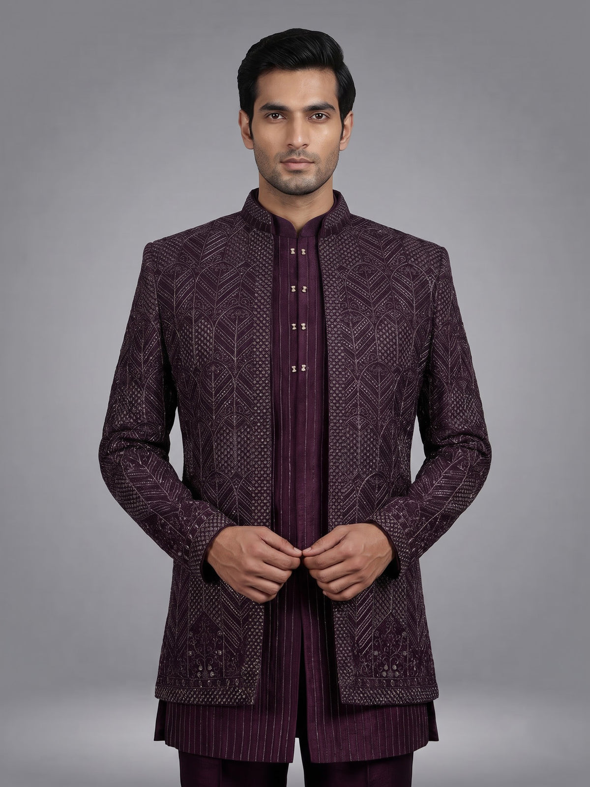 Deep wine embroidered layered indowestern suit for mens