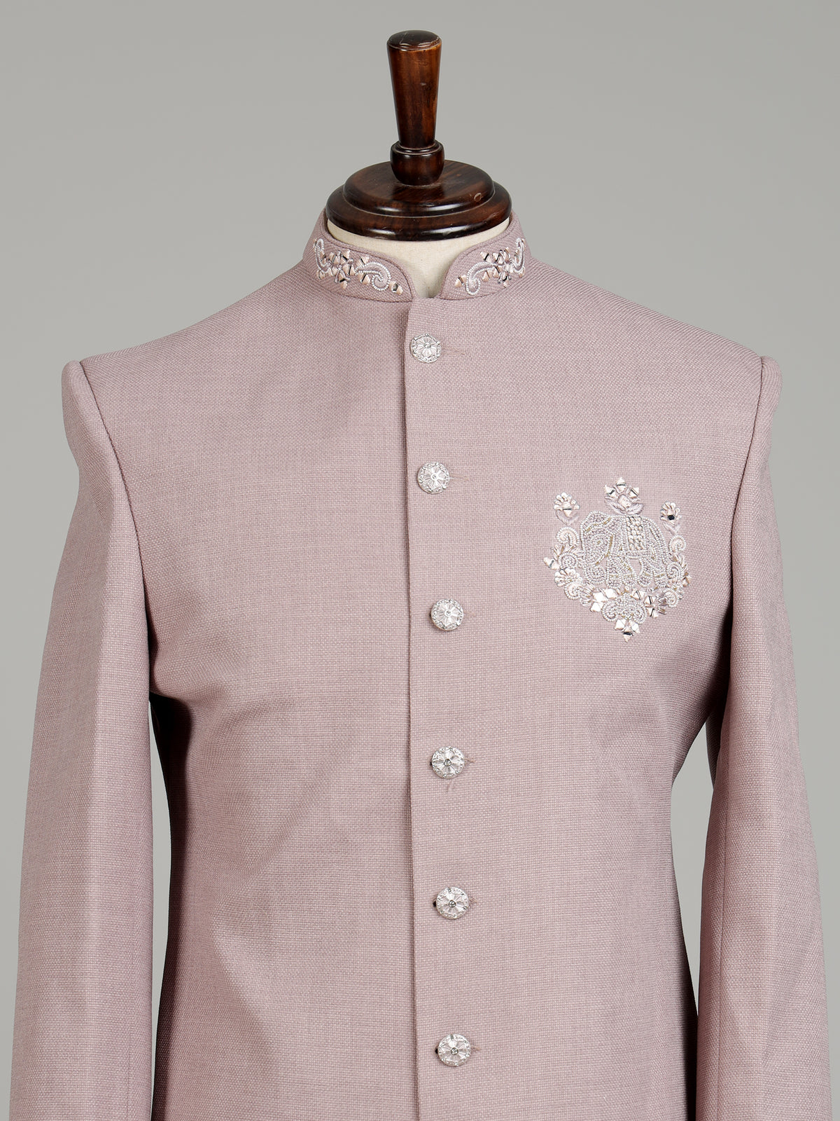 Dusty rose pink embellished crest motif indowestern suit for mens