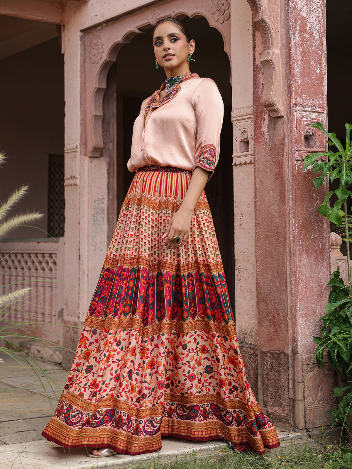 Traditional printed lehenga choli with stylish cowl top blouse