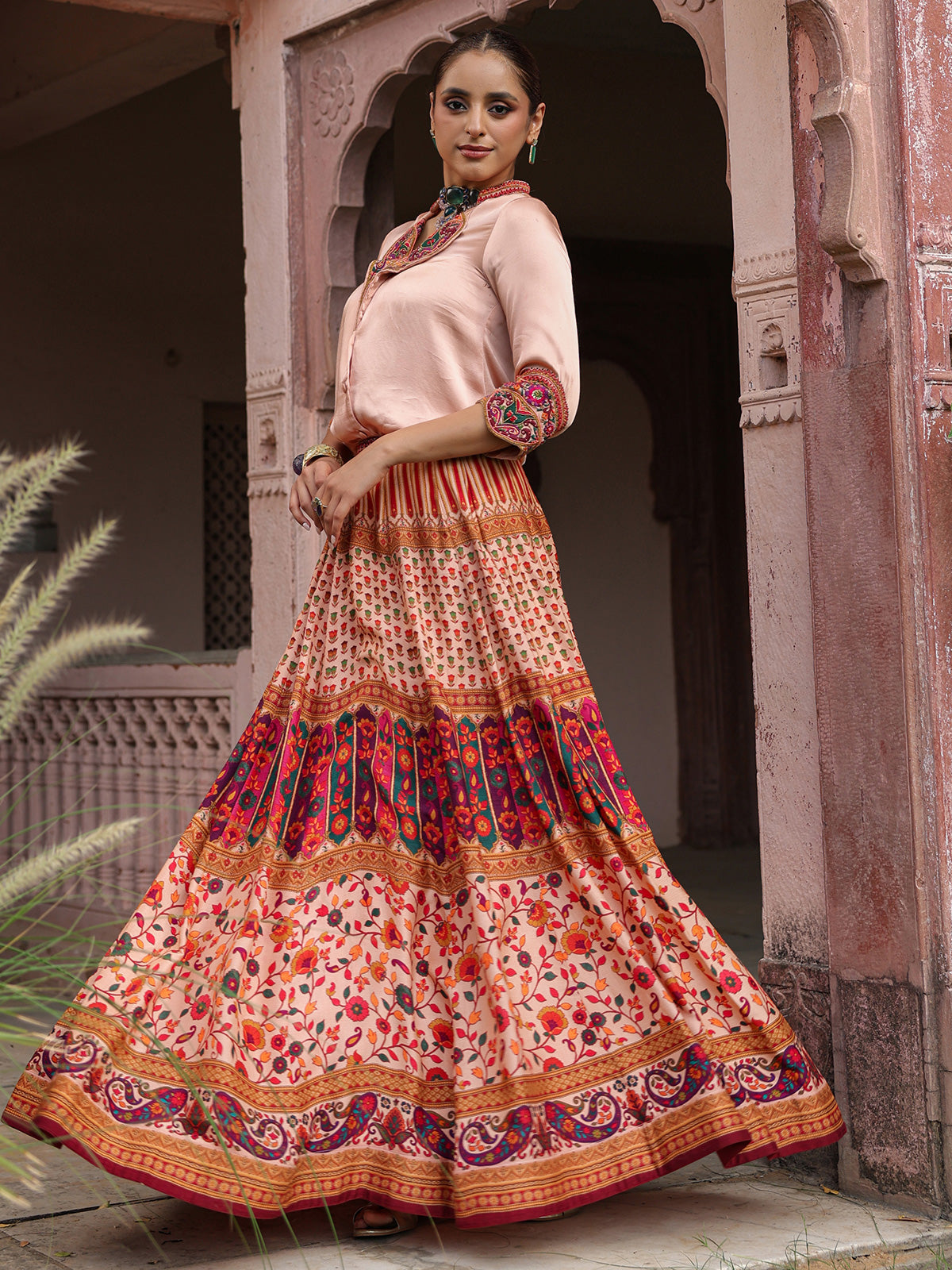 Traditional printed lehenga choli with stylish cowl top blouse