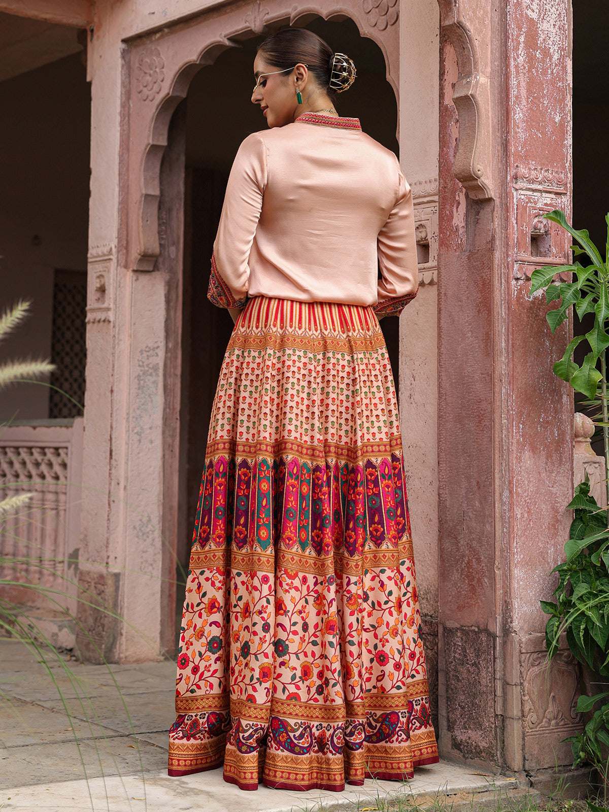 Traditional printed lehenga choli with stylish cowl top blouse