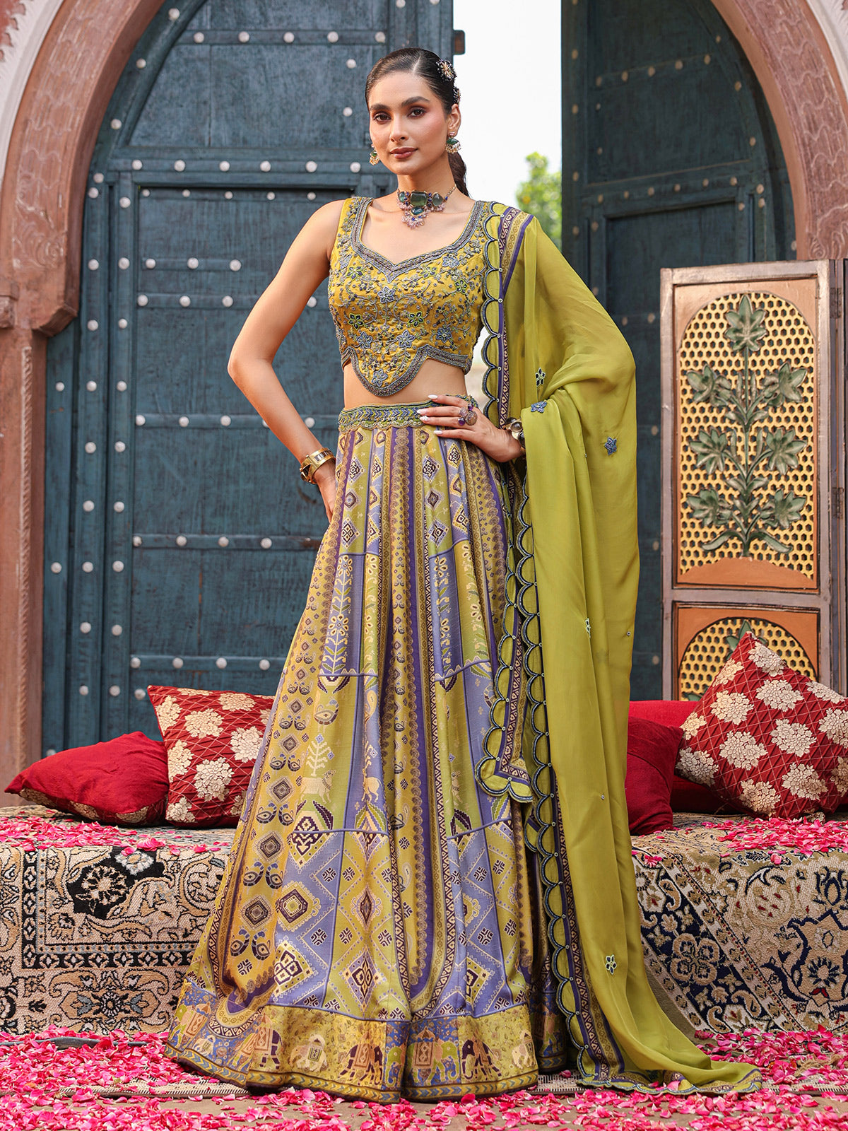 Mehendi green pichwai print lehenga choli with elegant dupatta