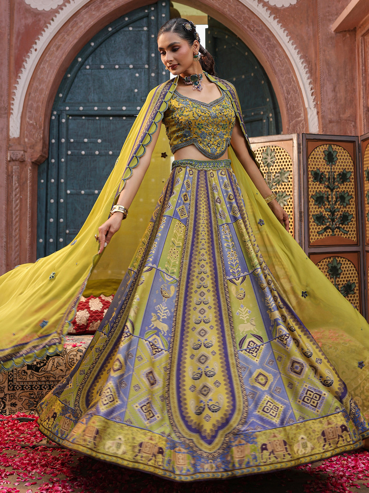 Mehendi green pichwai print lehenga choli with elegant dupatta