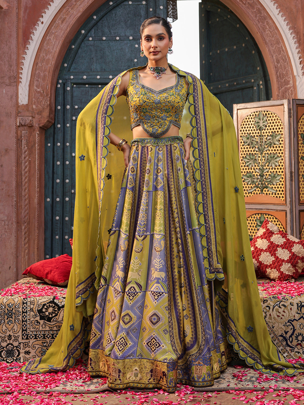 Mehendi green pichwai print lehenga choli with elegant dupatta