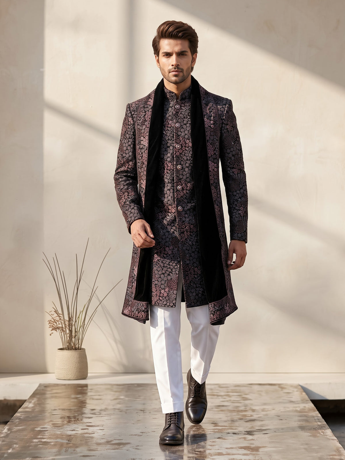 Black georgette embellished sherwani indowestern set for mens weddings