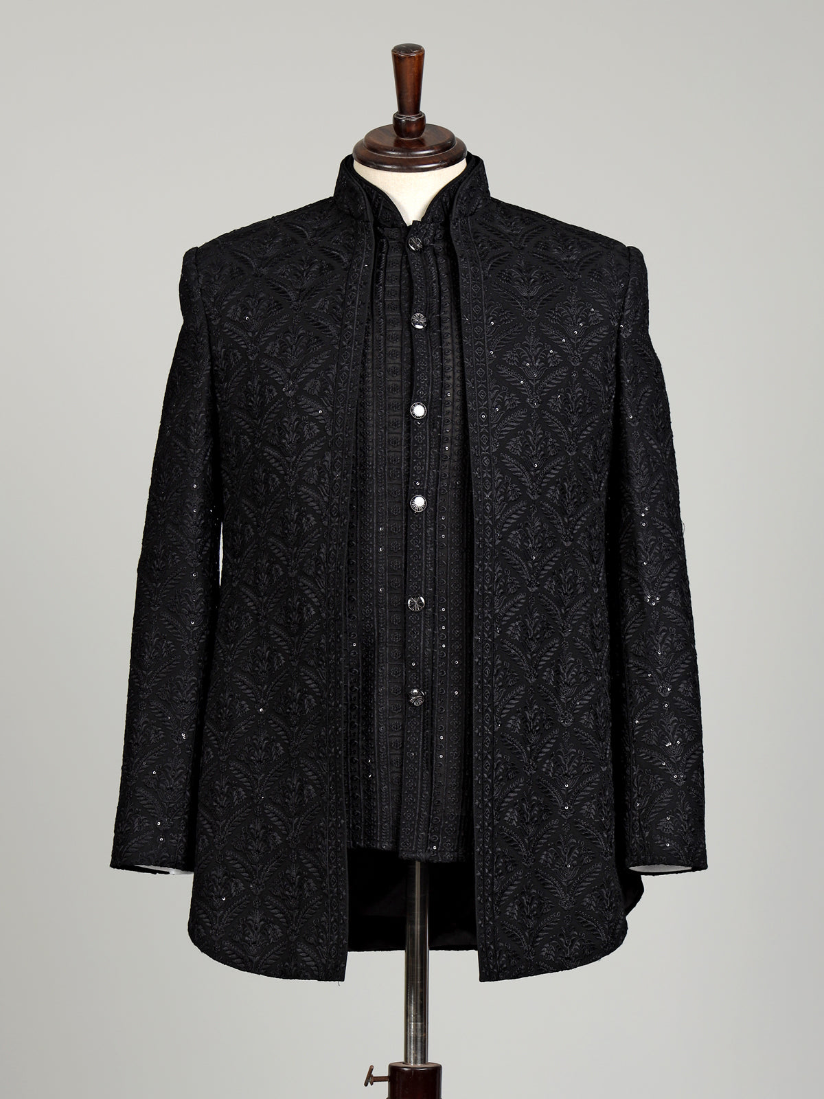 Black sequined cotton blend overlay indowestern set for mens weddings