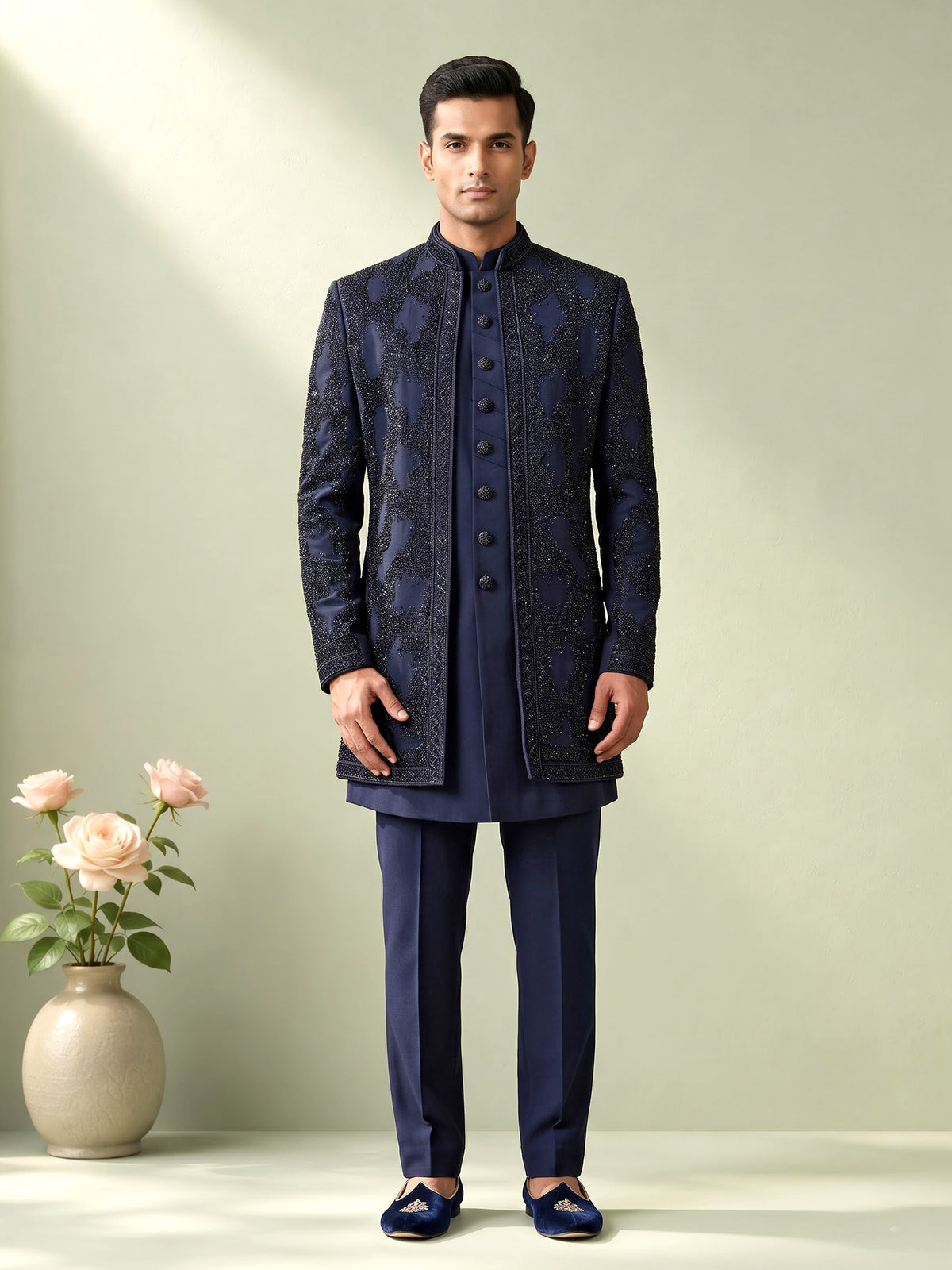 Navy terry rayon layered bandhgala indowestern set for mens weddings