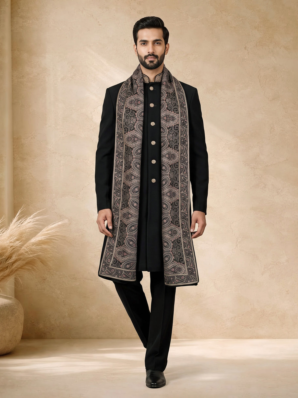 Black terry rayon embellished indowestern set for mens weddings