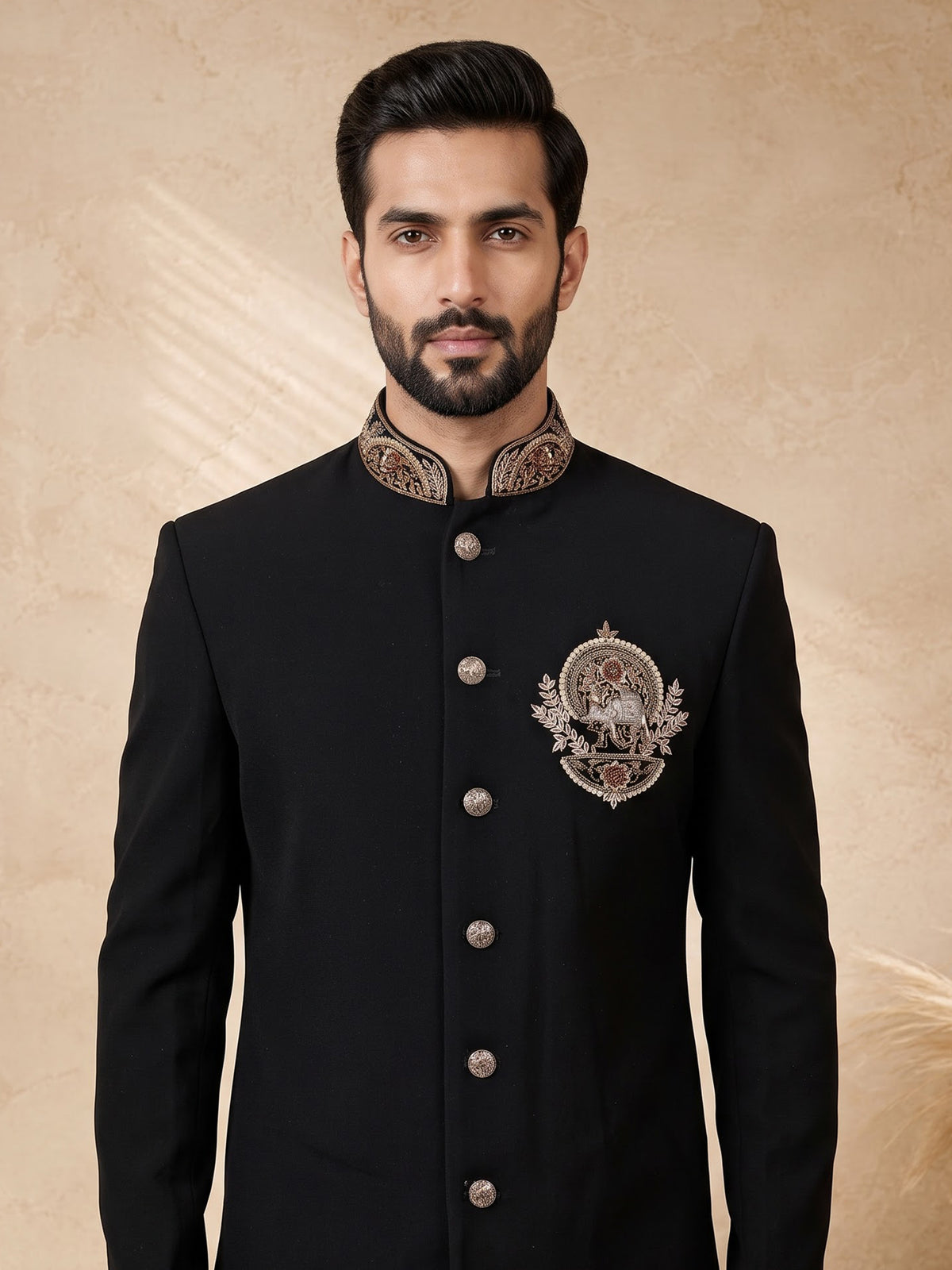 Black terry rayon embellished indowestern set for mens weddings