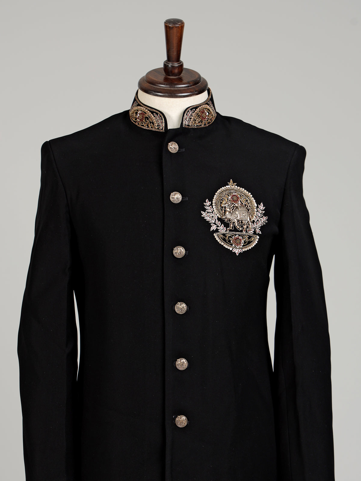 Black terry rayon embellished indowestern set for mens weddings