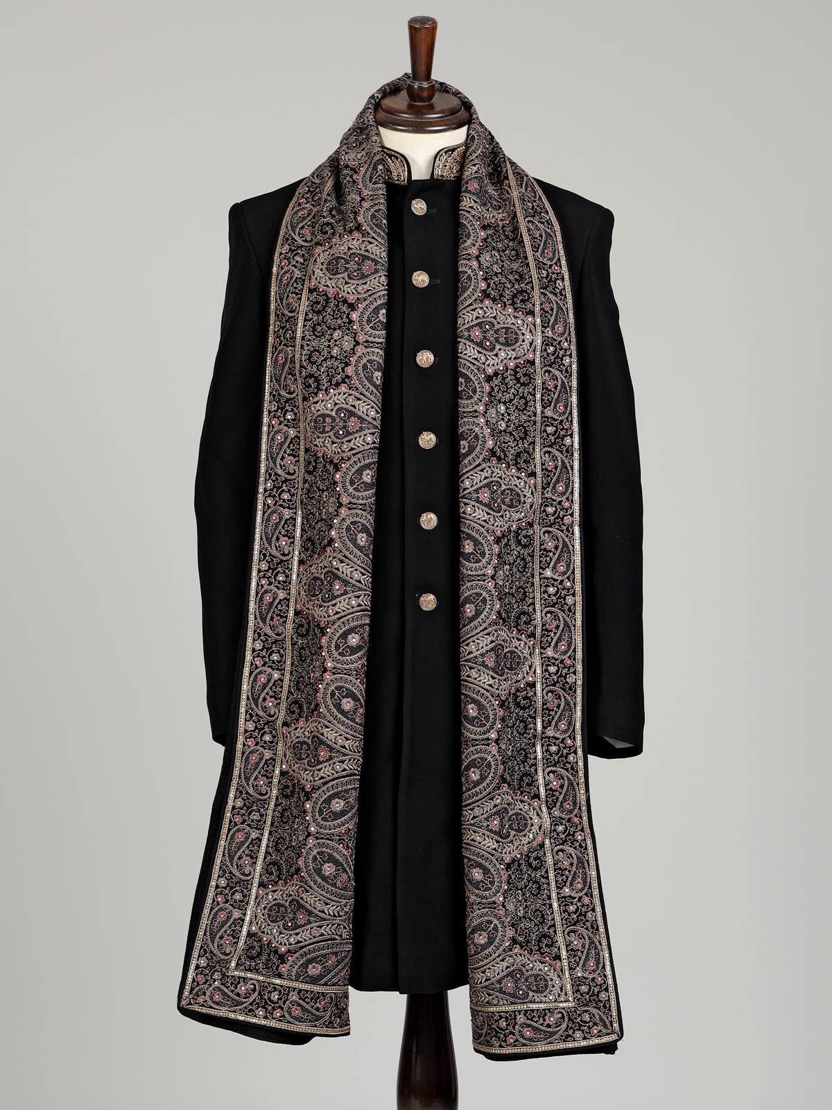 Black terry rayon embellished indowestern set for mens weddings