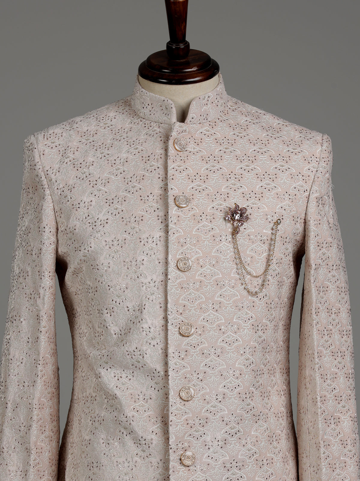 Light peach velvet embroidered achkan indowestern set for mens weddings
