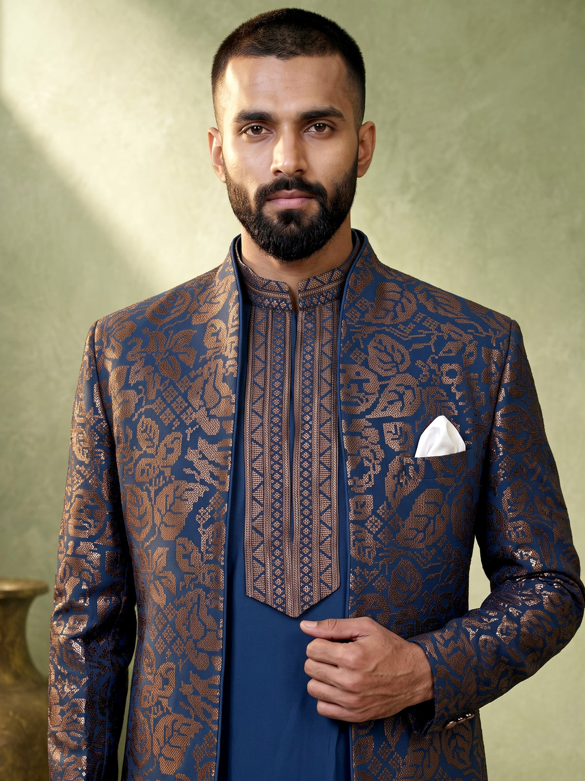 Teal blue brocade mens indo western