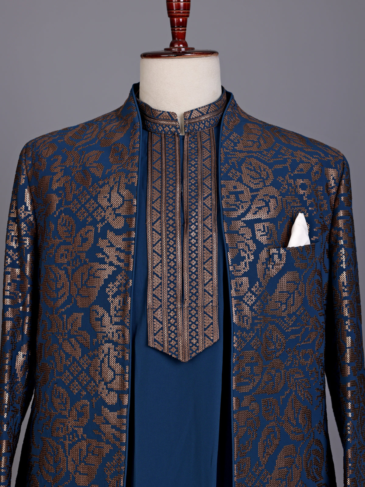 Teal blue brocade mens indo western