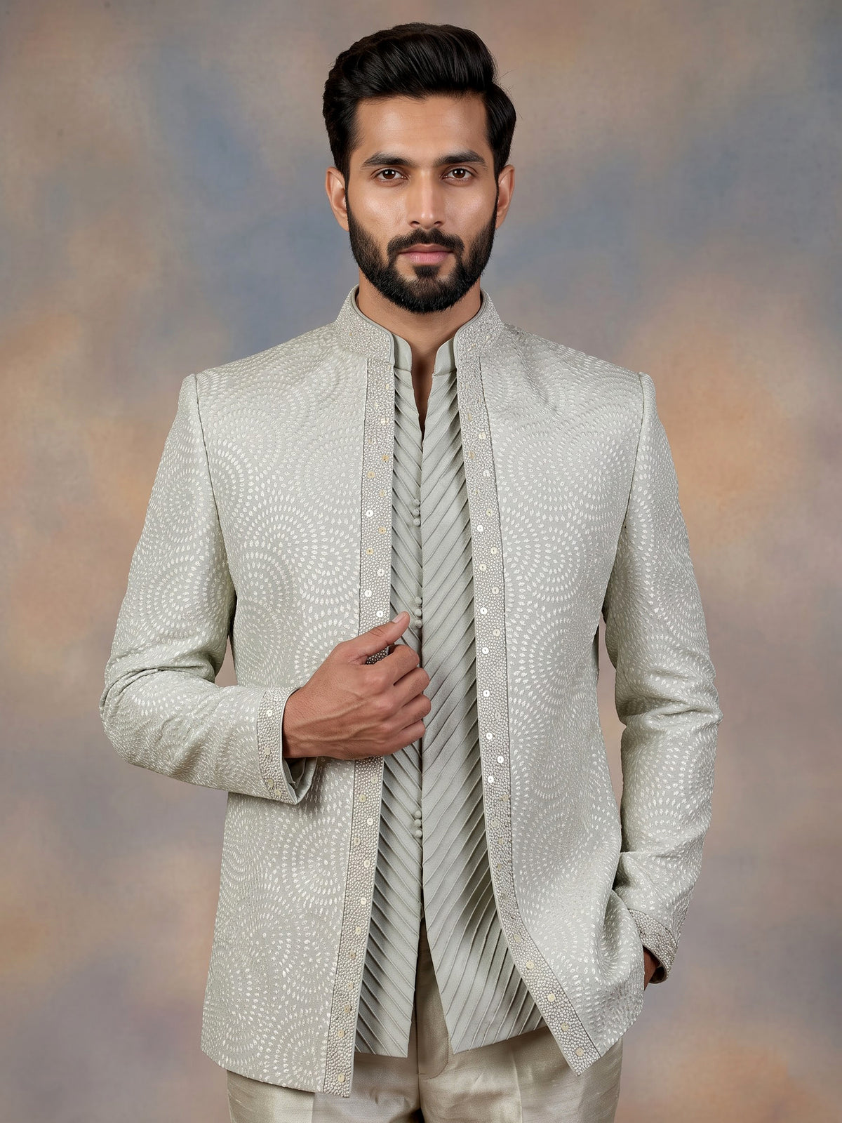 Pista green cotton silk modern open jacket indowestern set