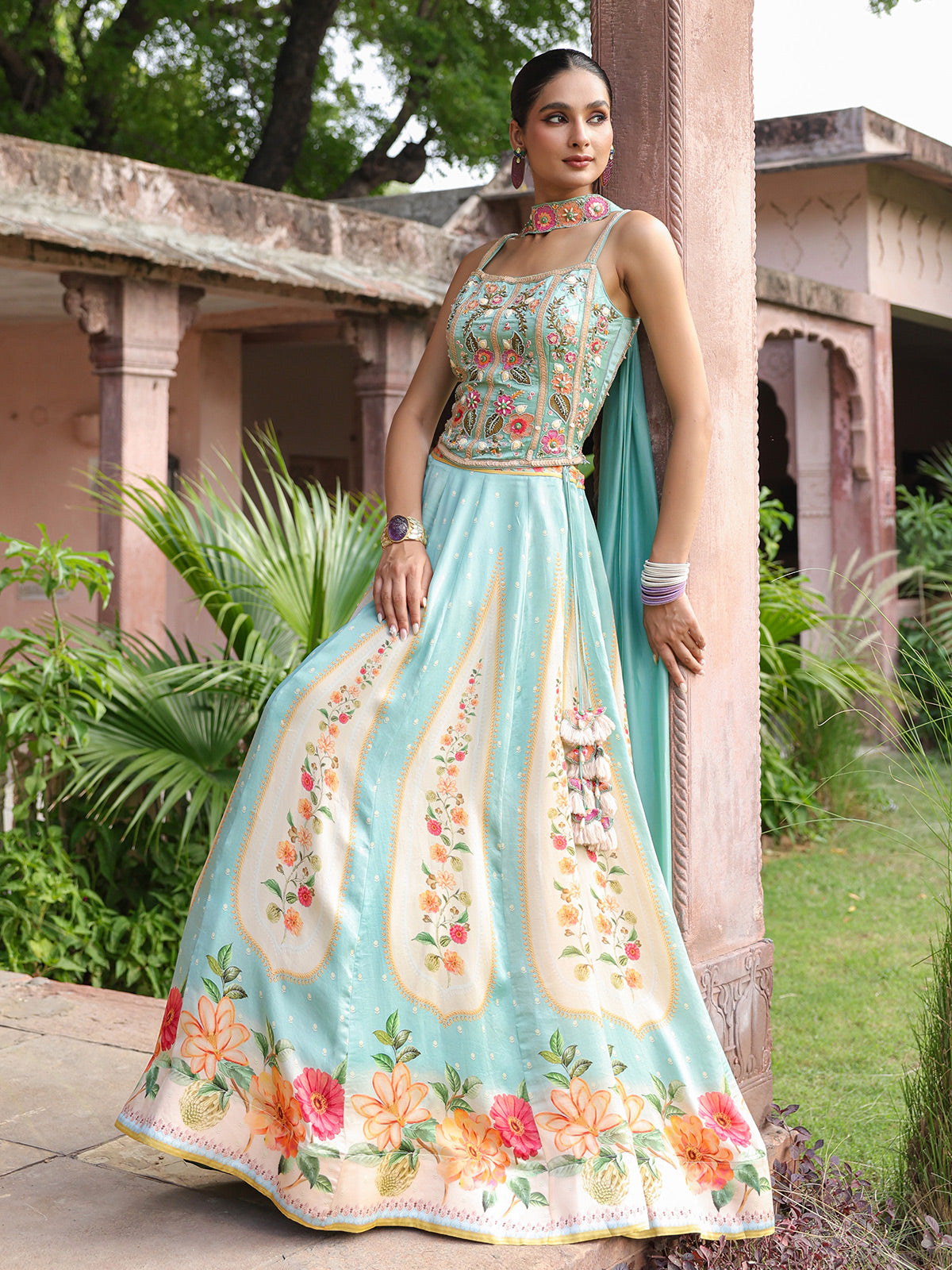 Sky blue floral lehenga choli with elegant embellished dupatta