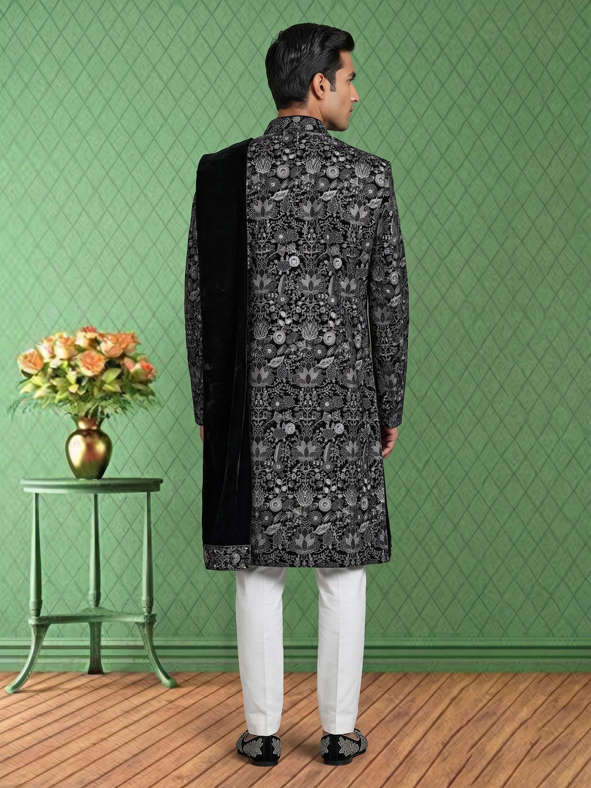 Black georgette slim fit bandhgala indowestern set for mens weddings