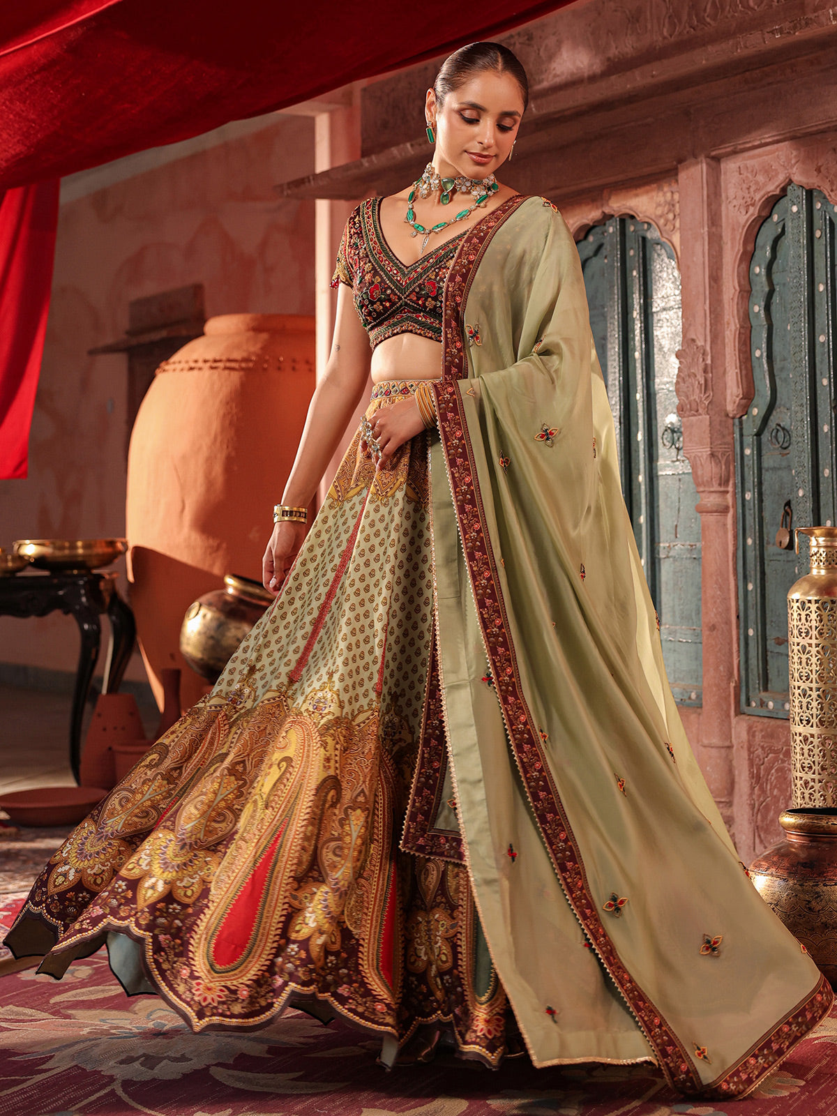 Pista green paisley printed lehenga choli with elegant dupatta