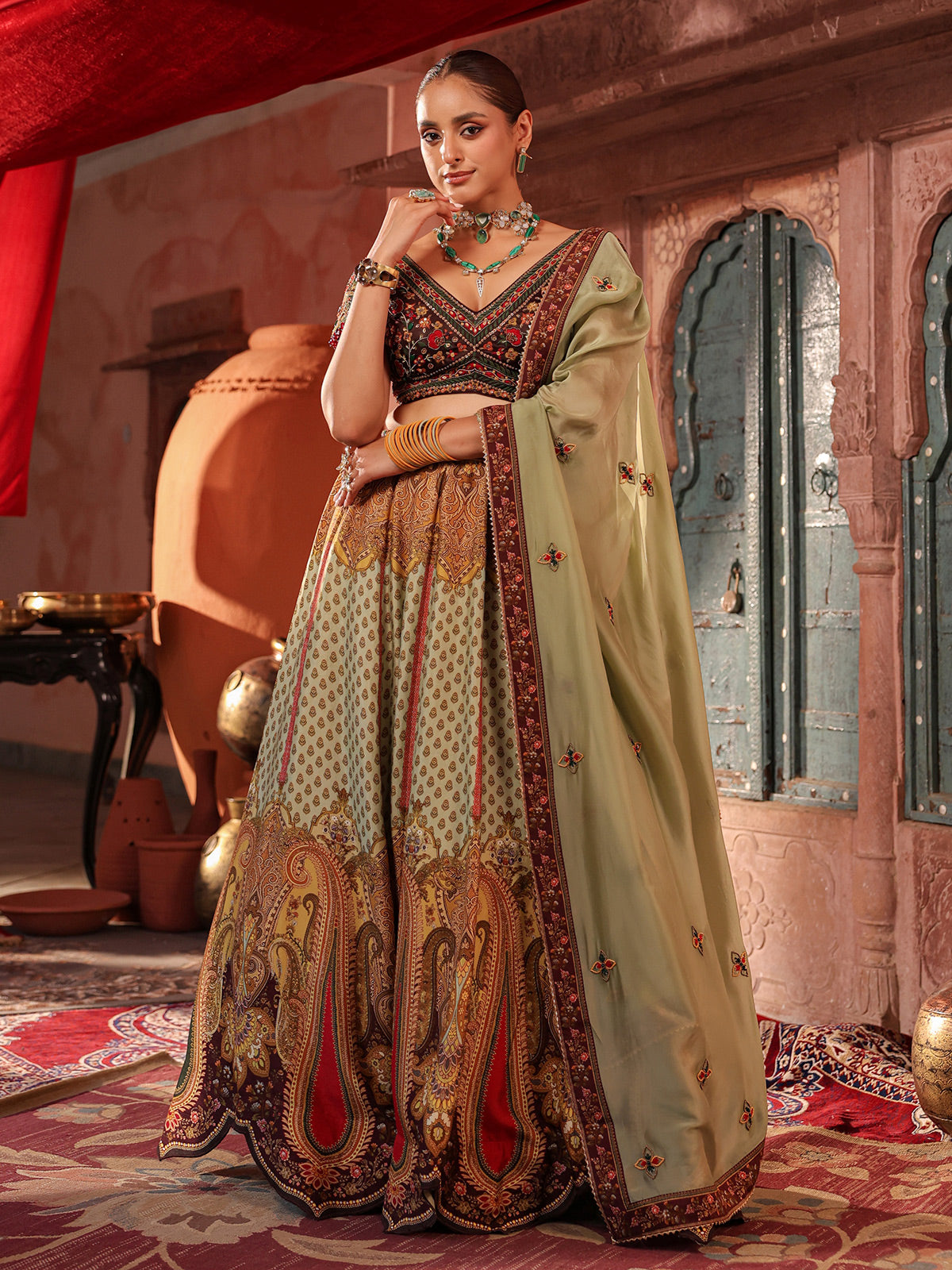 Pista green paisley printed lehenga choli with elegant dupatta