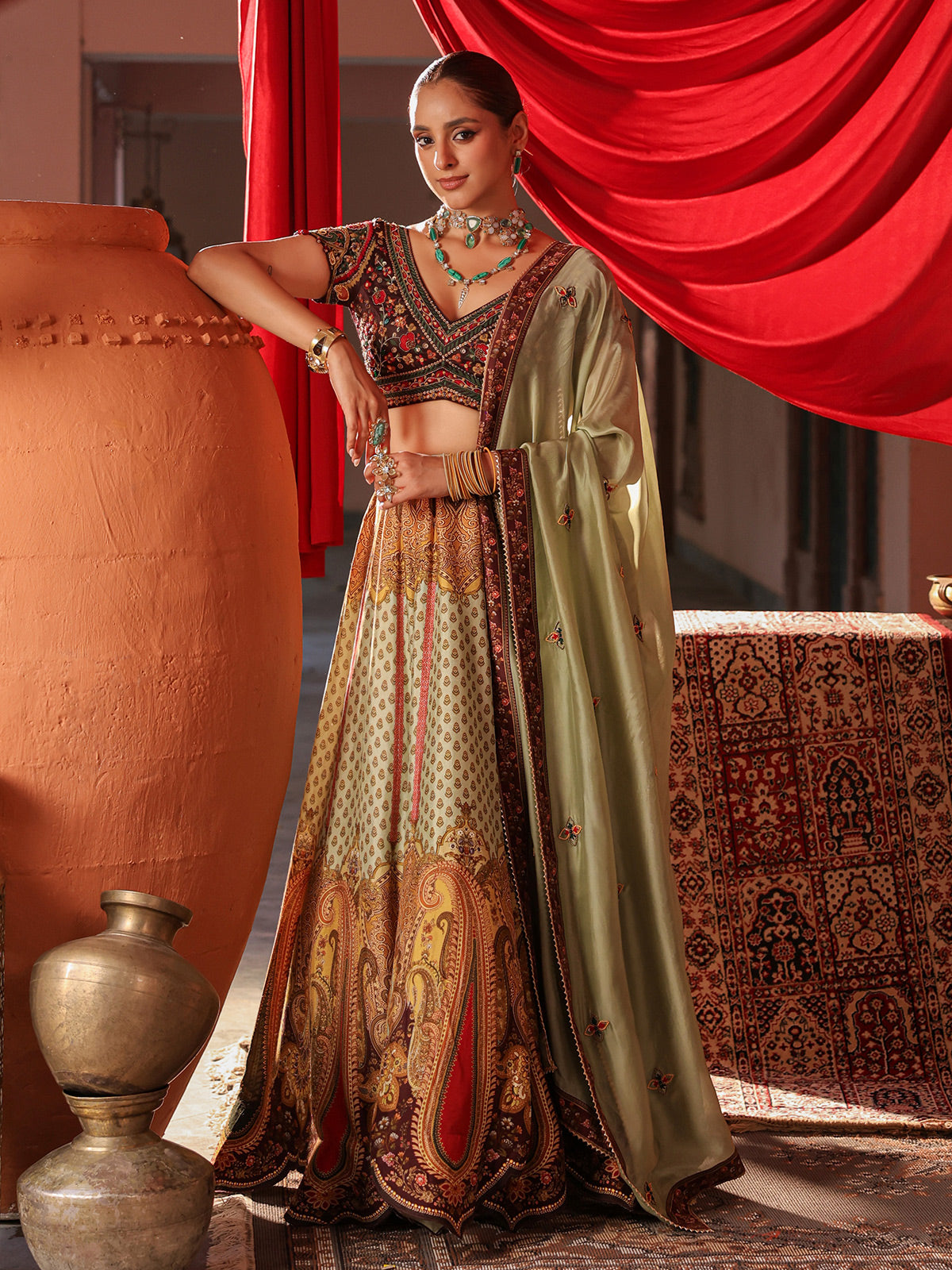 Pista green paisley printed lehenga choli with elegant dupatta