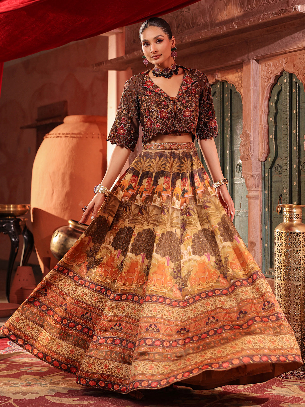 Brown landscape print lehenga choli with heavy jacket blouse