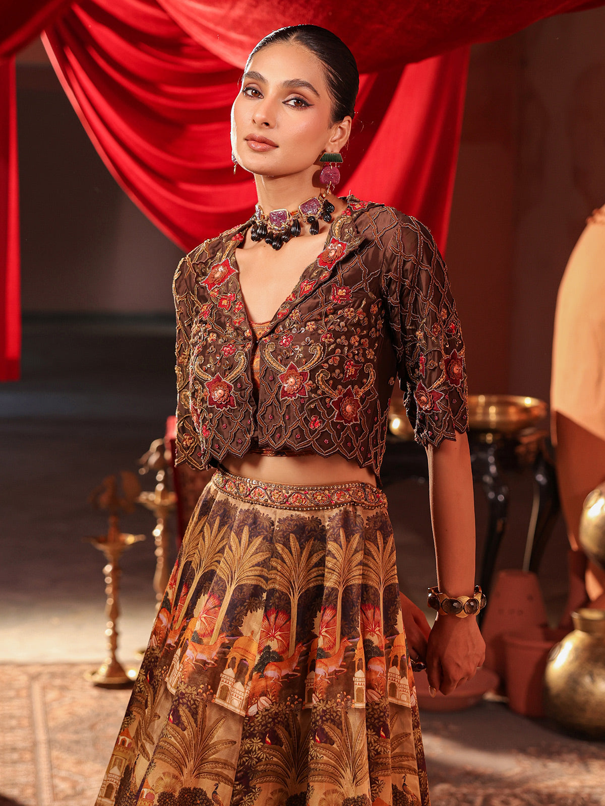 Brown landscape print lehenga choli with heavy jacket blouse