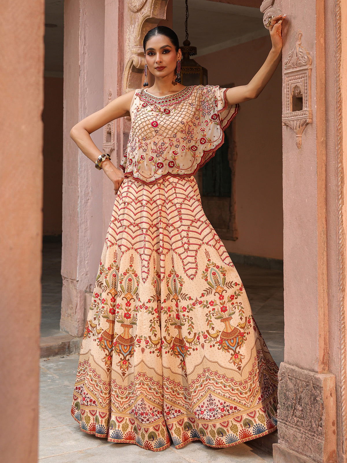 Cream traditional printed lehenga choli with elegant designer jacket