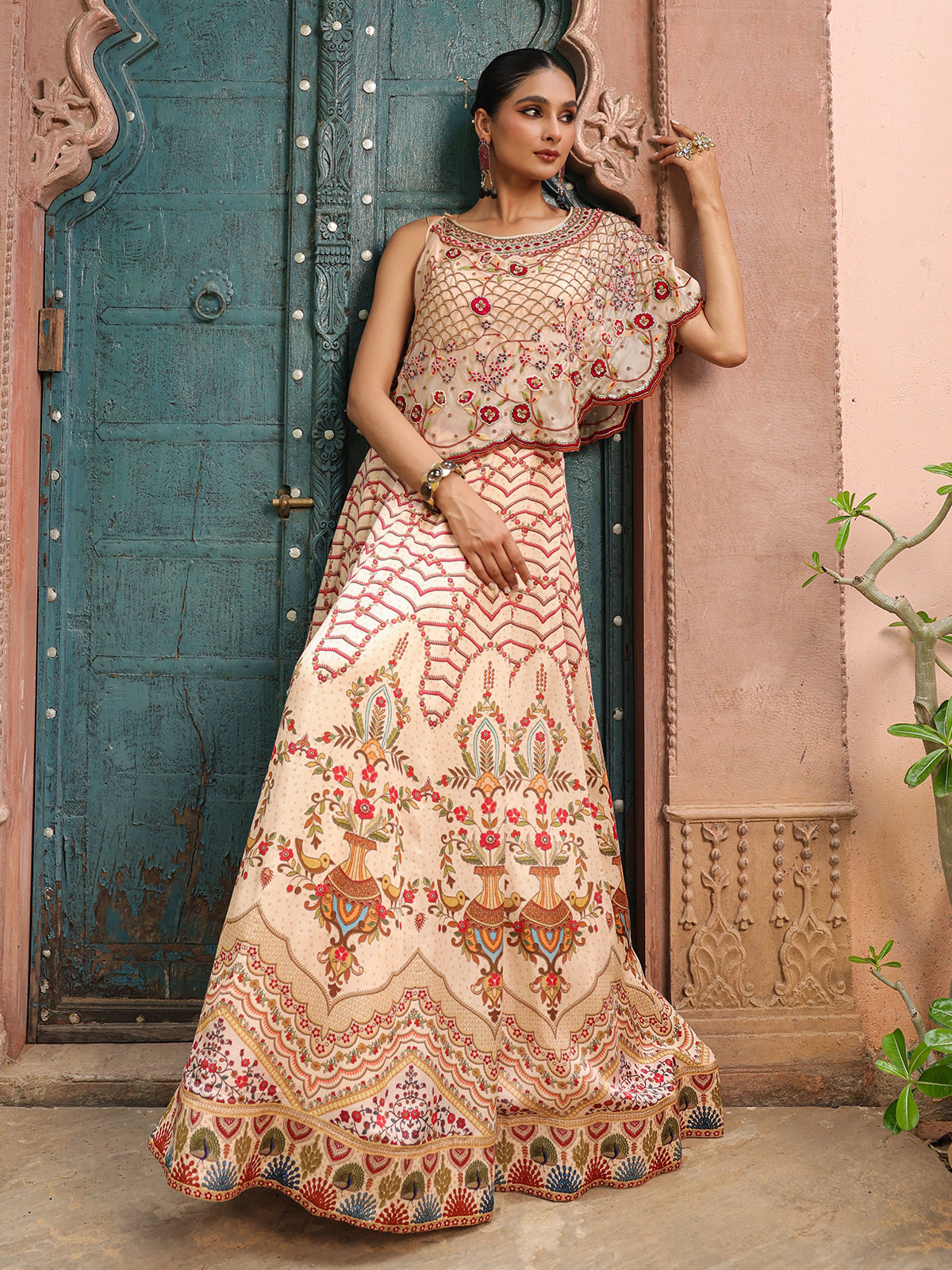 Cream traditional printed lehenga choli with elegant designer jacket