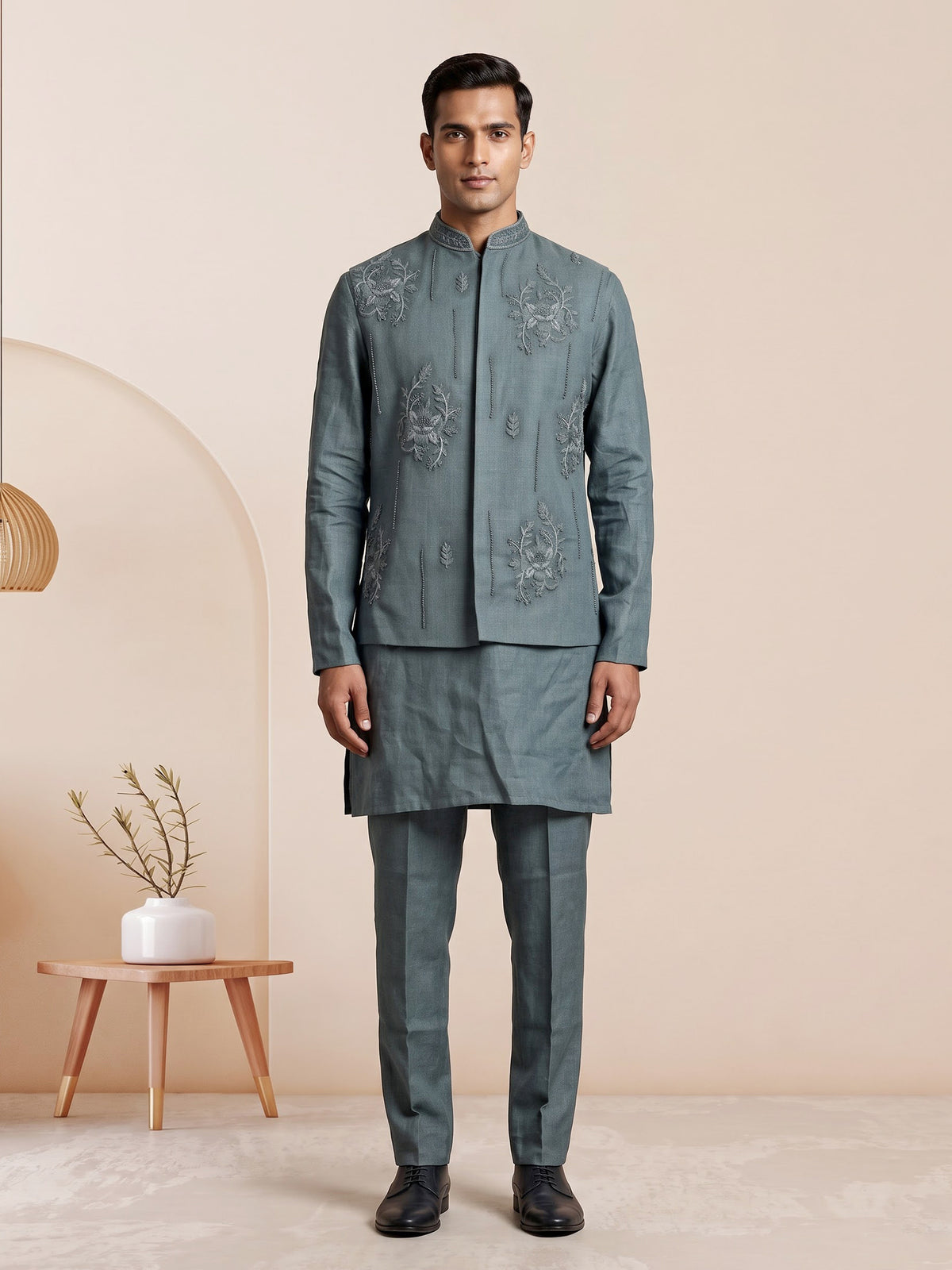 Slate grey floral linen silk waistcoat set for mens weddings