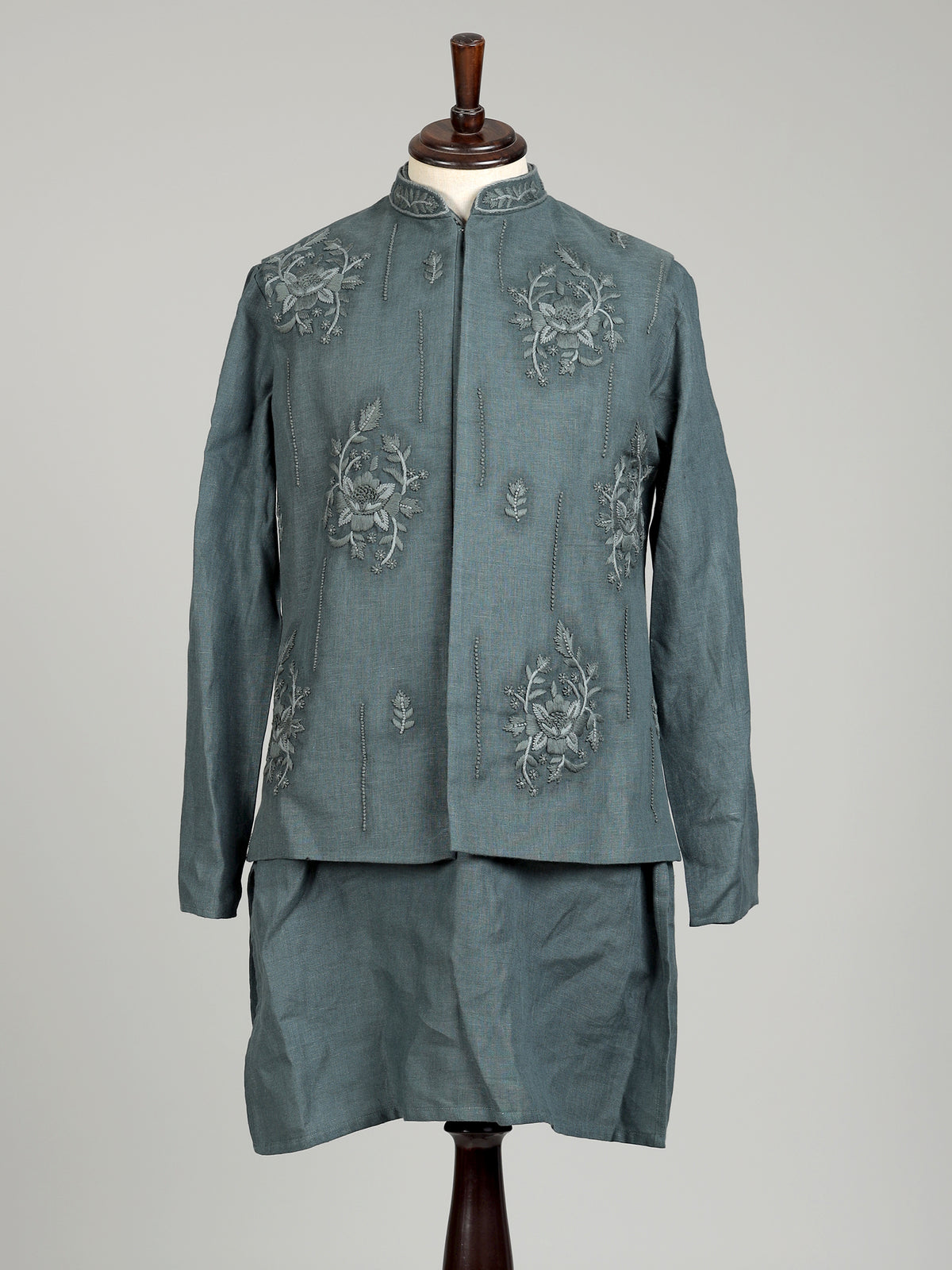 Slate grey floral linen silk waistcoat set for mens weddings