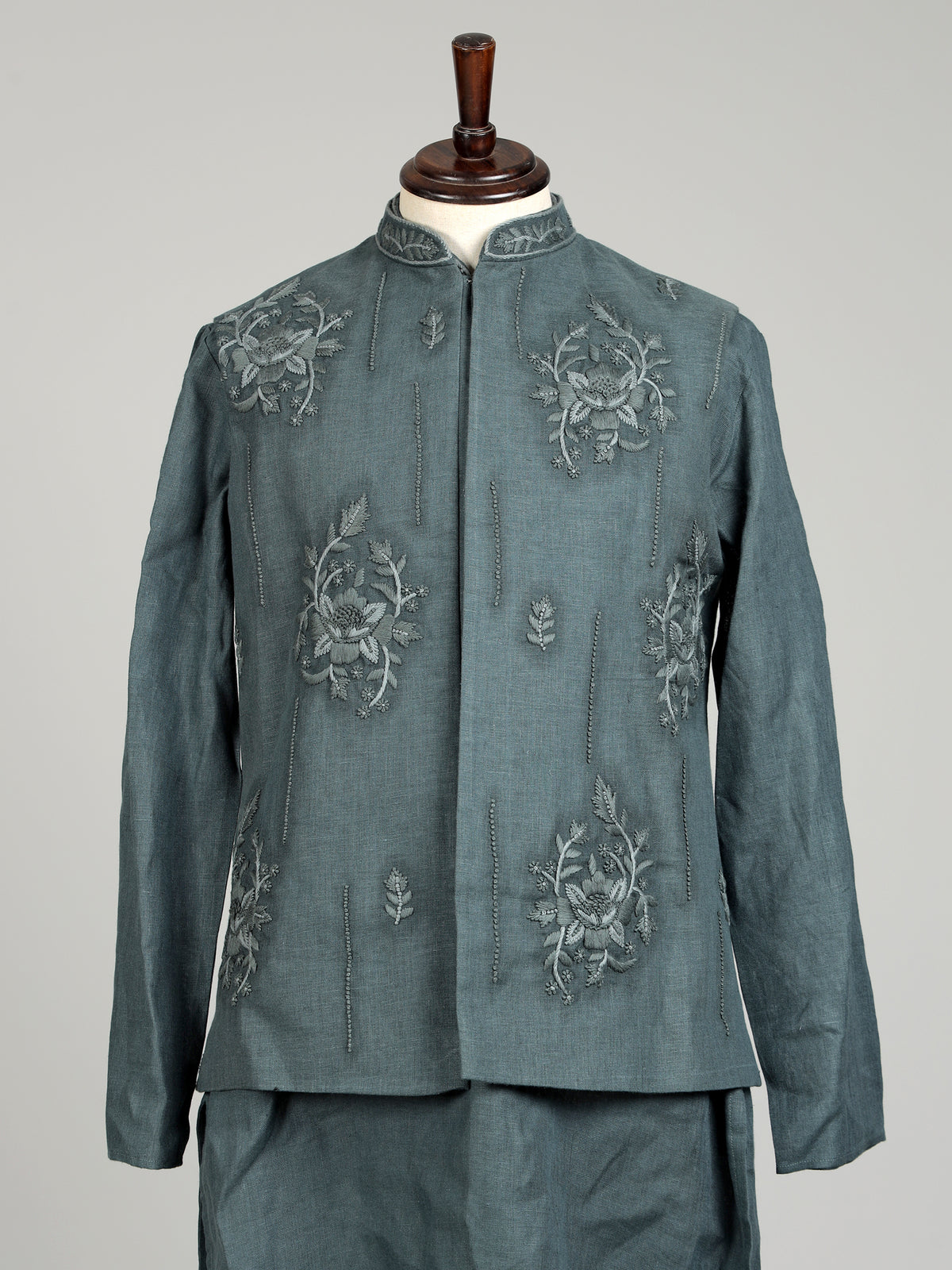 Slate grey floral linen silk waistcoat set for mens weddings