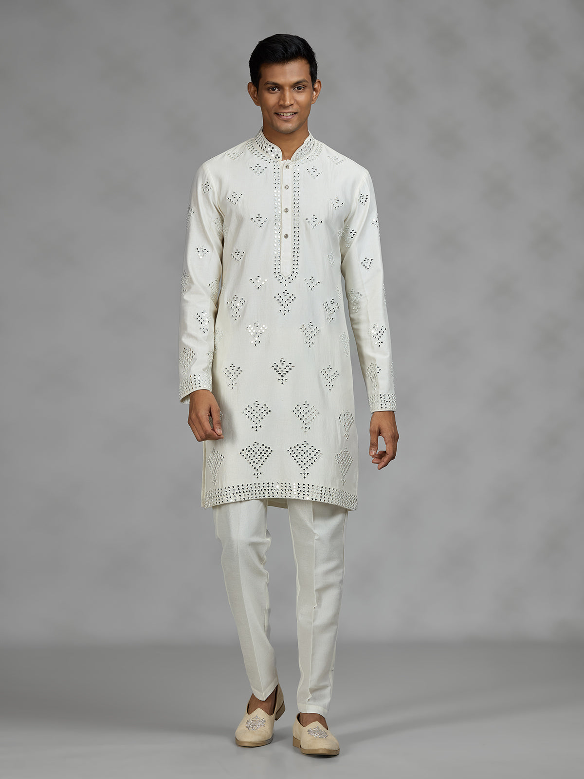 Off white embroidered mens kurta pajama