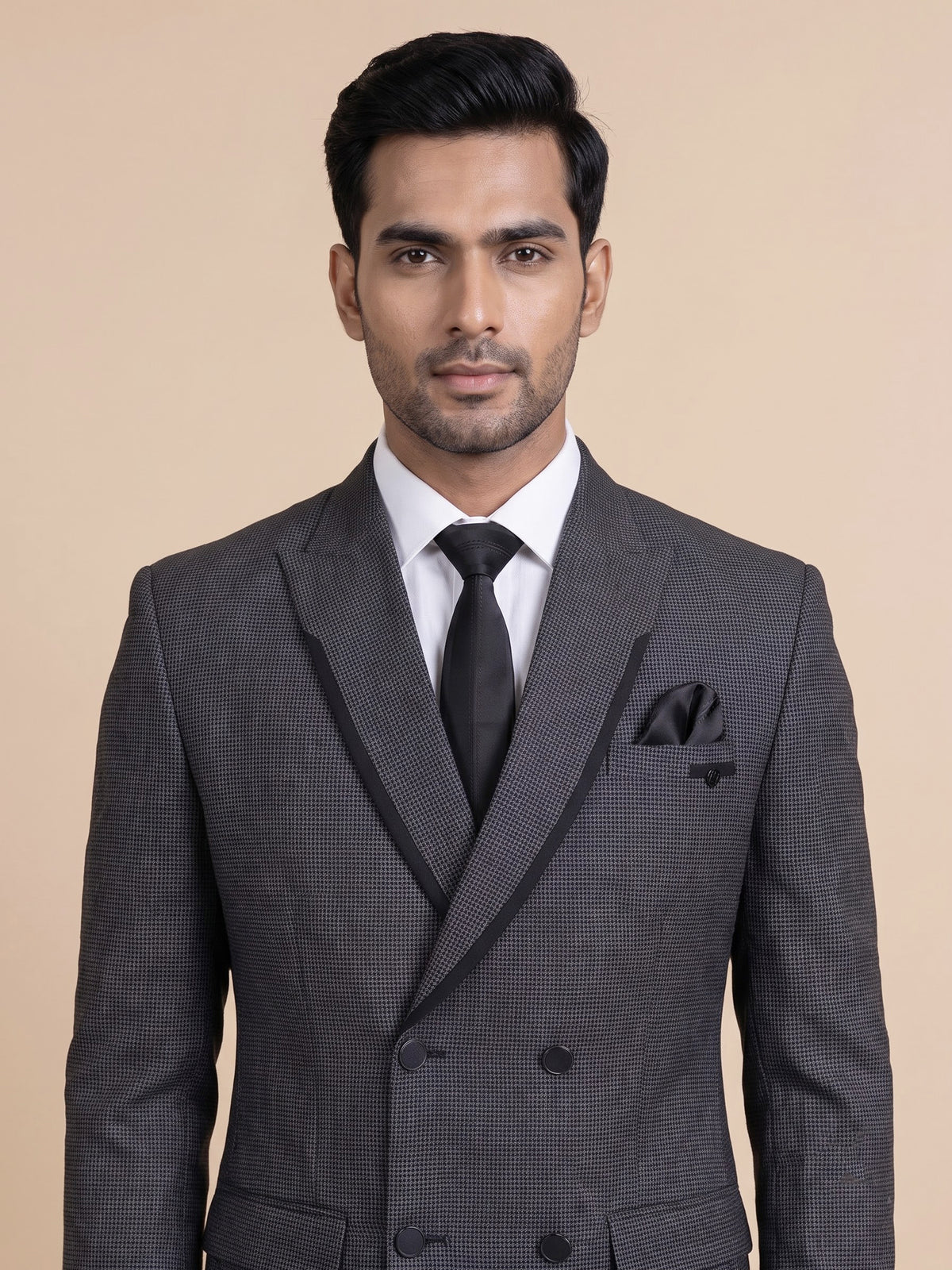 Charcoal grey double-breasted suit with black satin lapels