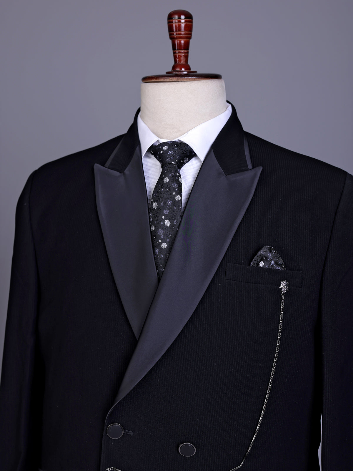 Black terry rayon double-breasted tuxedo suit with crystal brooch