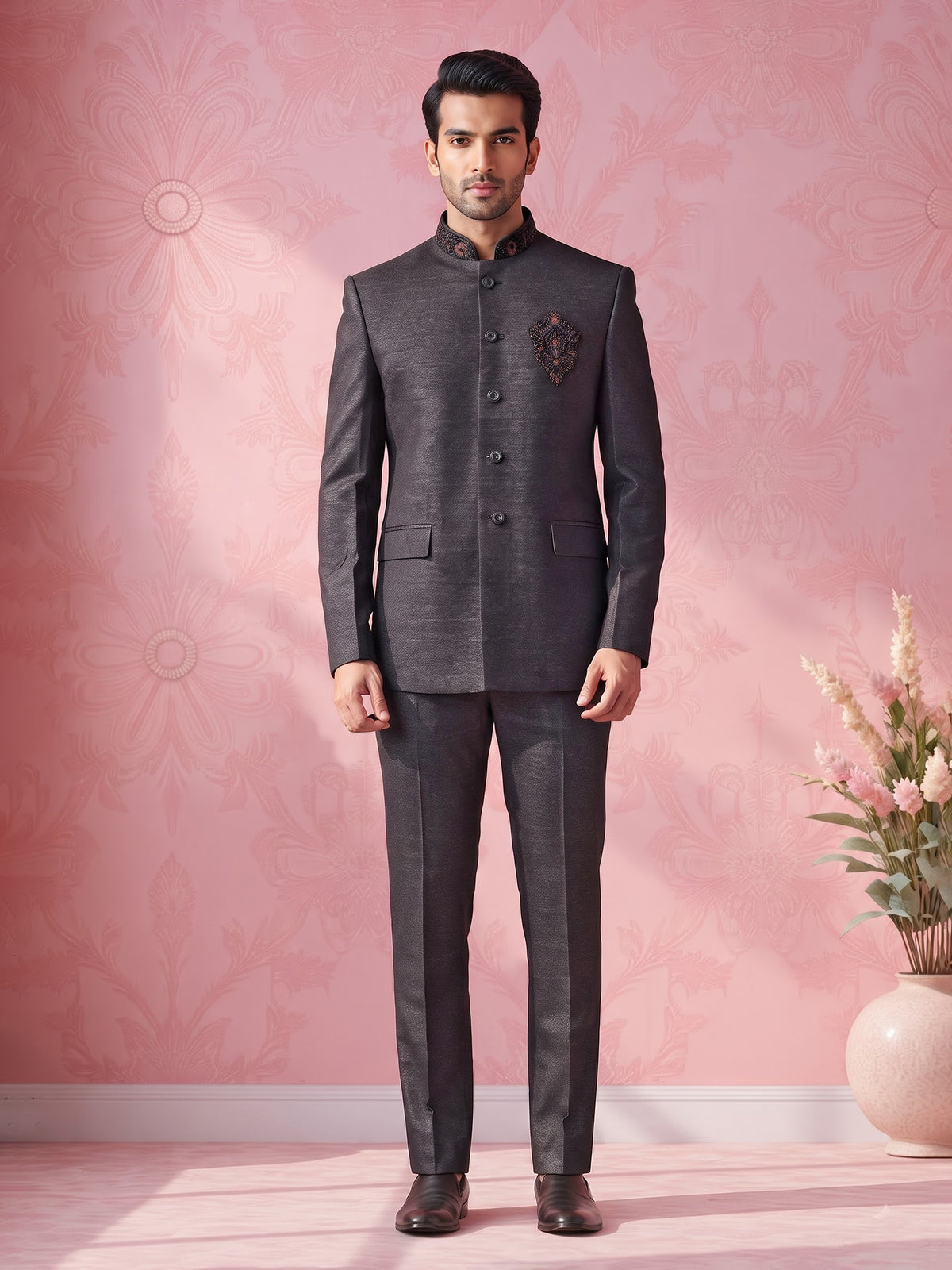 Jet black textured jodhpuri suit for mens with crest motif