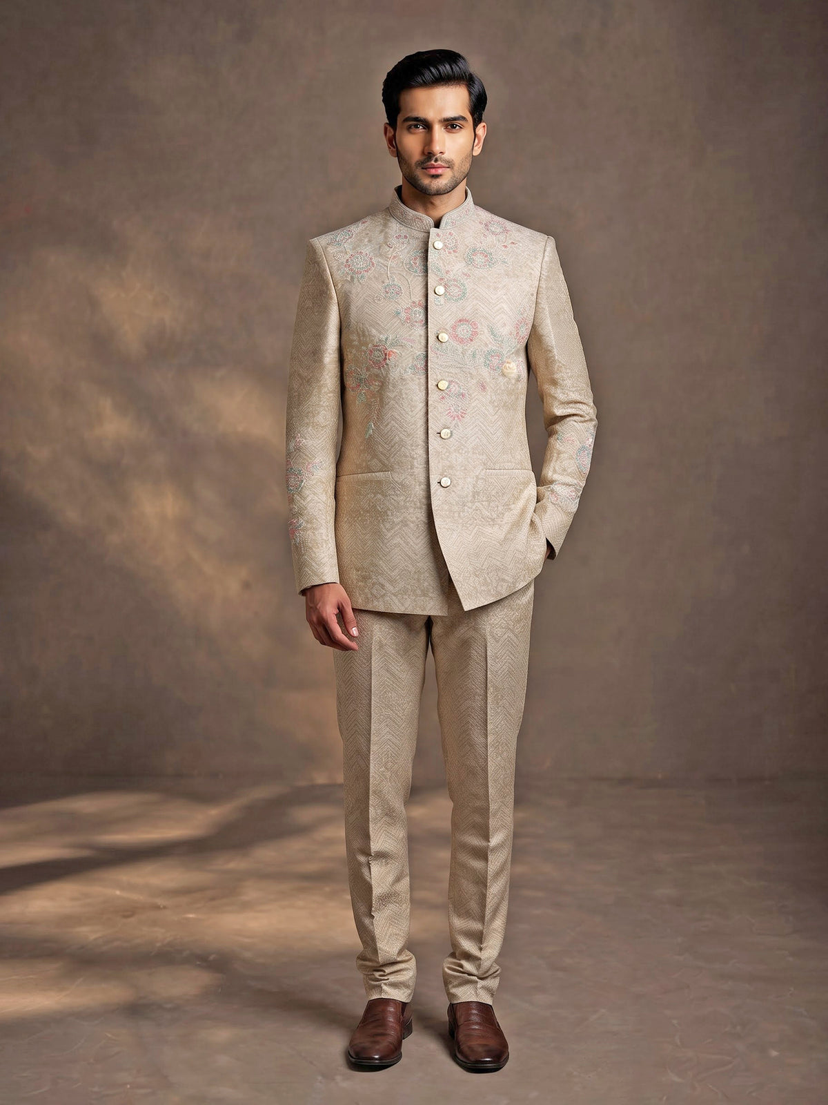 Light beige premium jacquard jodhpuri suit for mens with resham