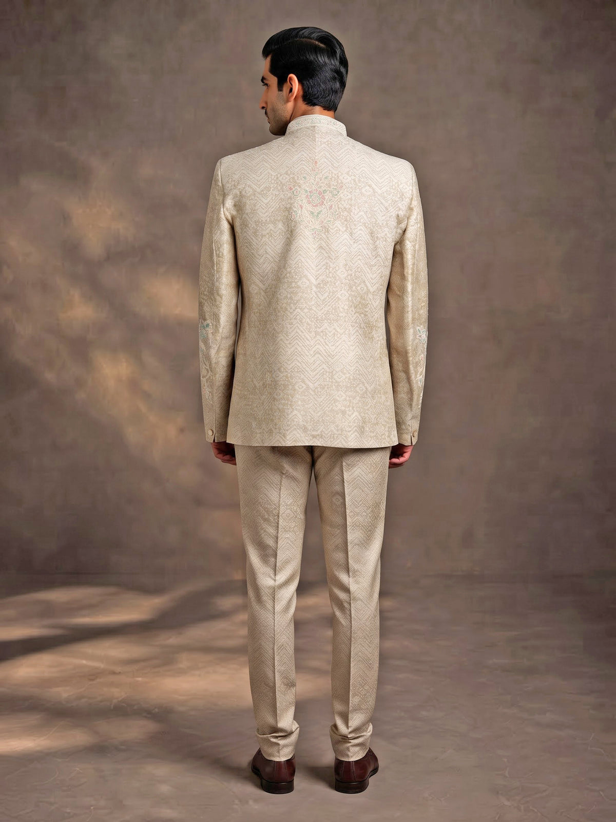 Light beige premium jacquard jodhpuri suit for mens with resham