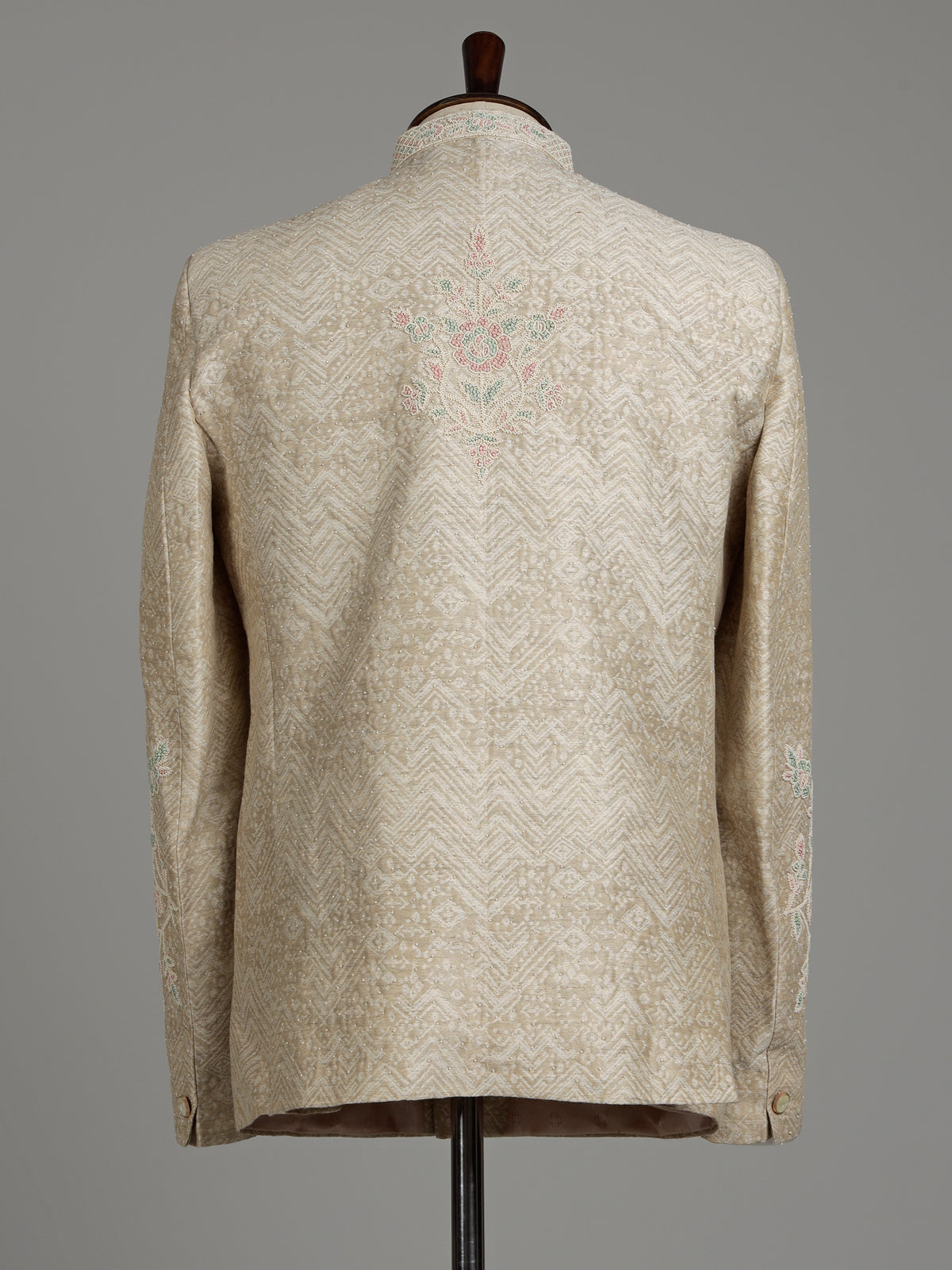 Light beige premium jacquard jodhpuri suit for mens with resham
