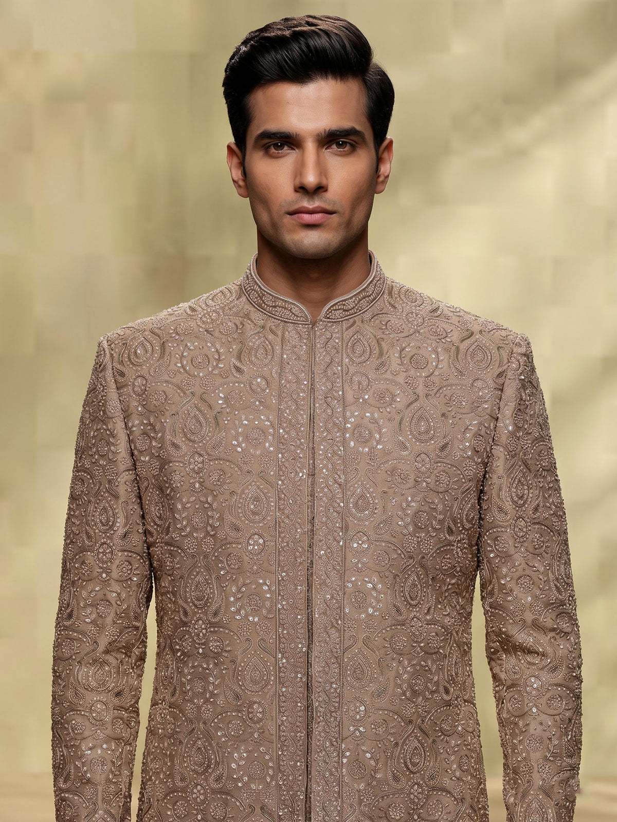 Dark beige opulent mens sherwani