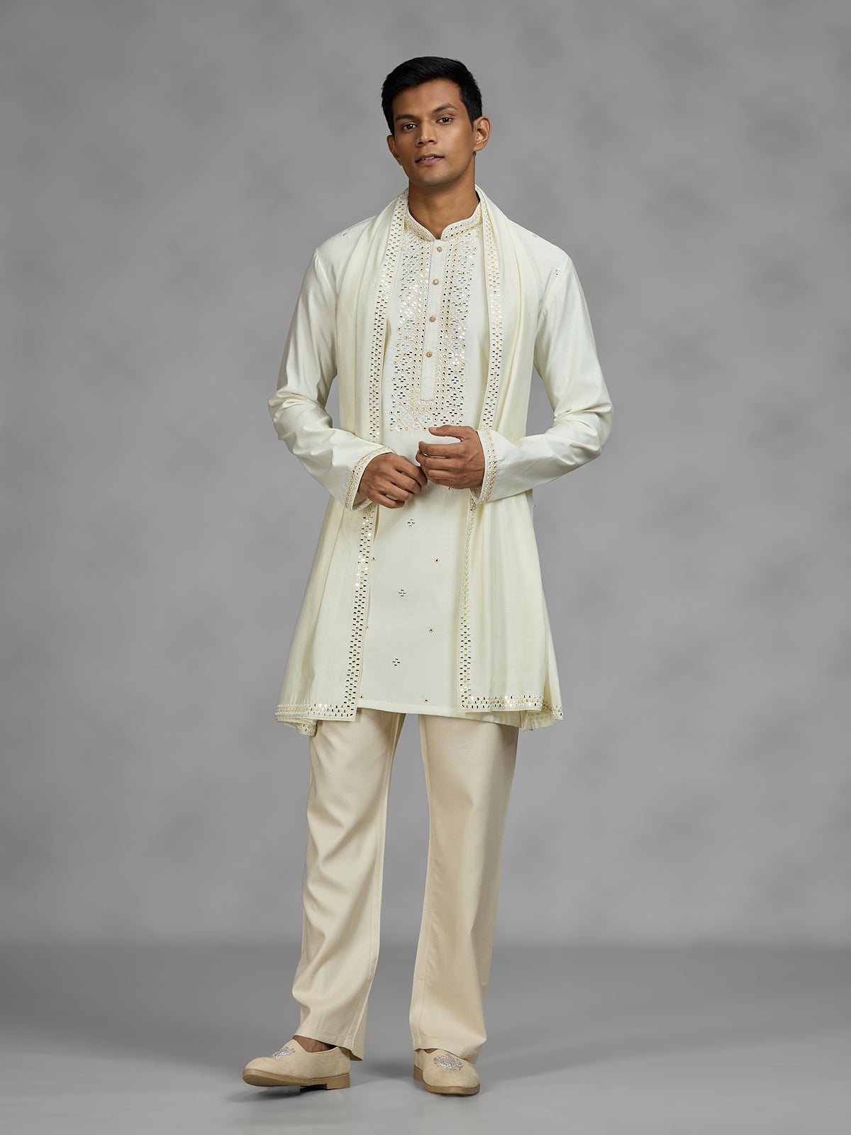 Cream lattice mens kurta suit