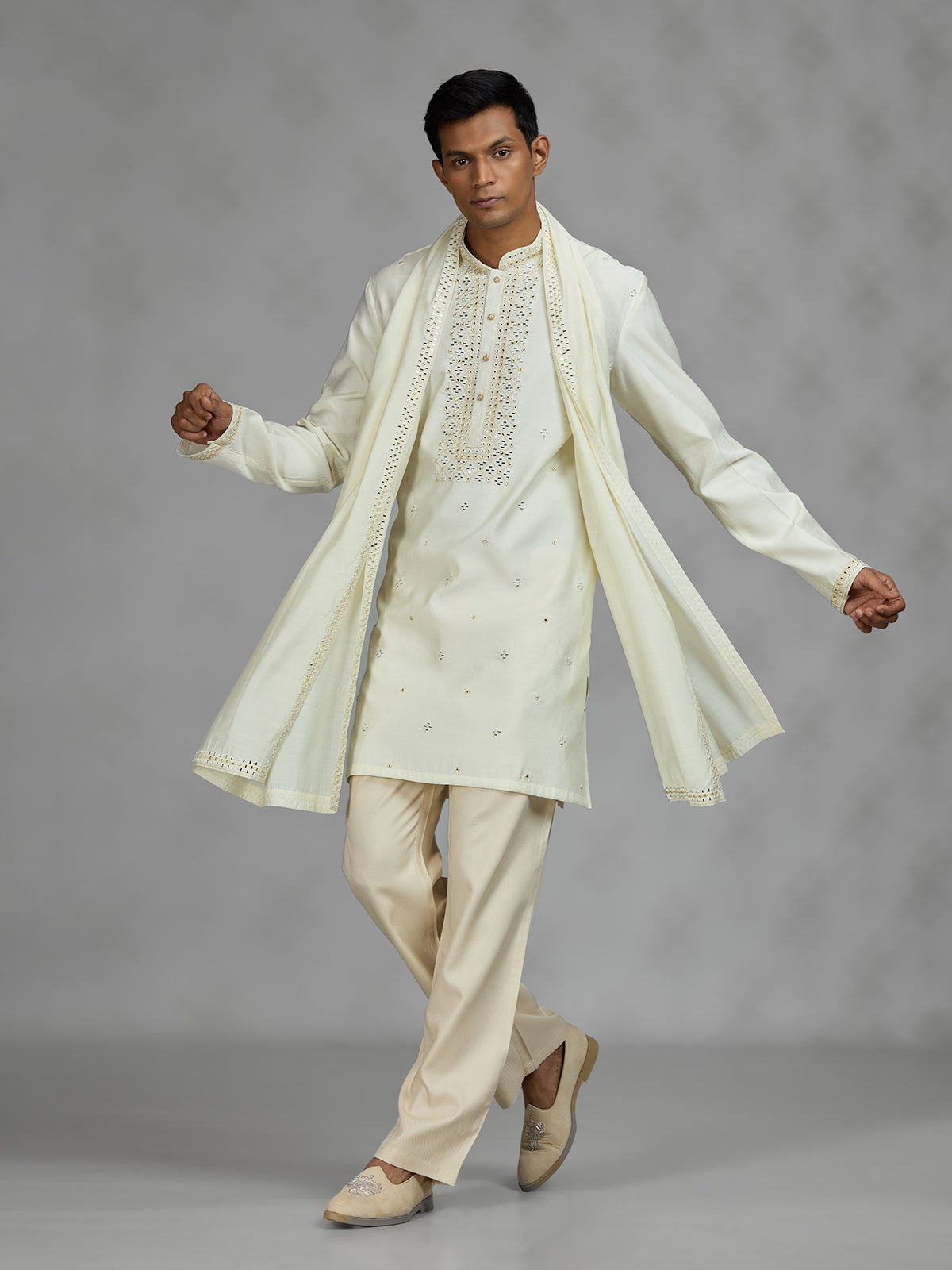 Cream lattice mens kurta suit