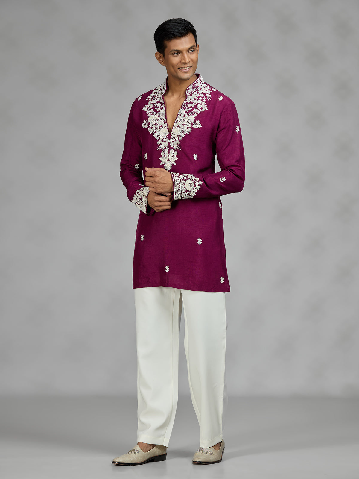 Wine floral mens kurta pajama