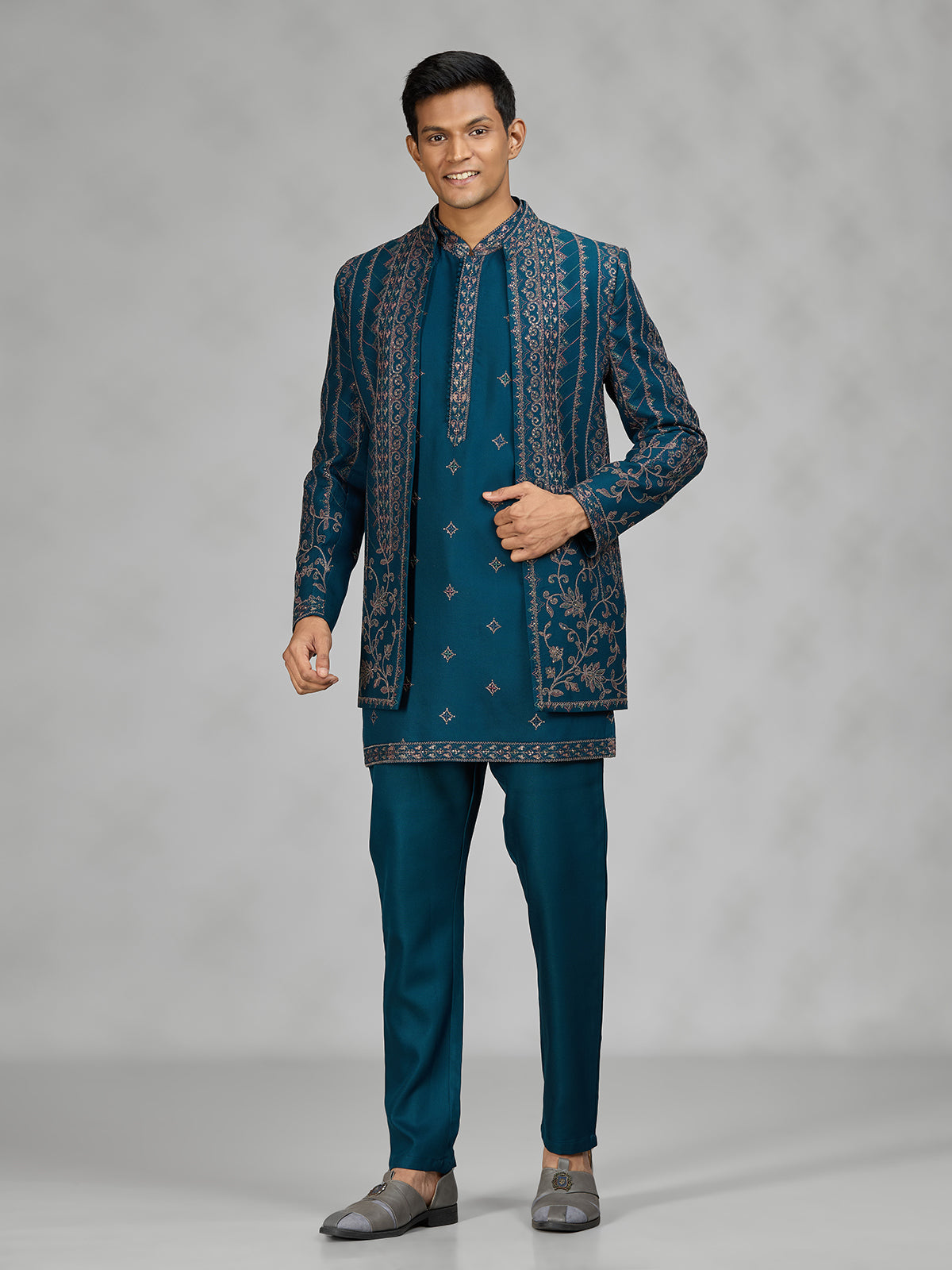 Teal blue layered mens indo western