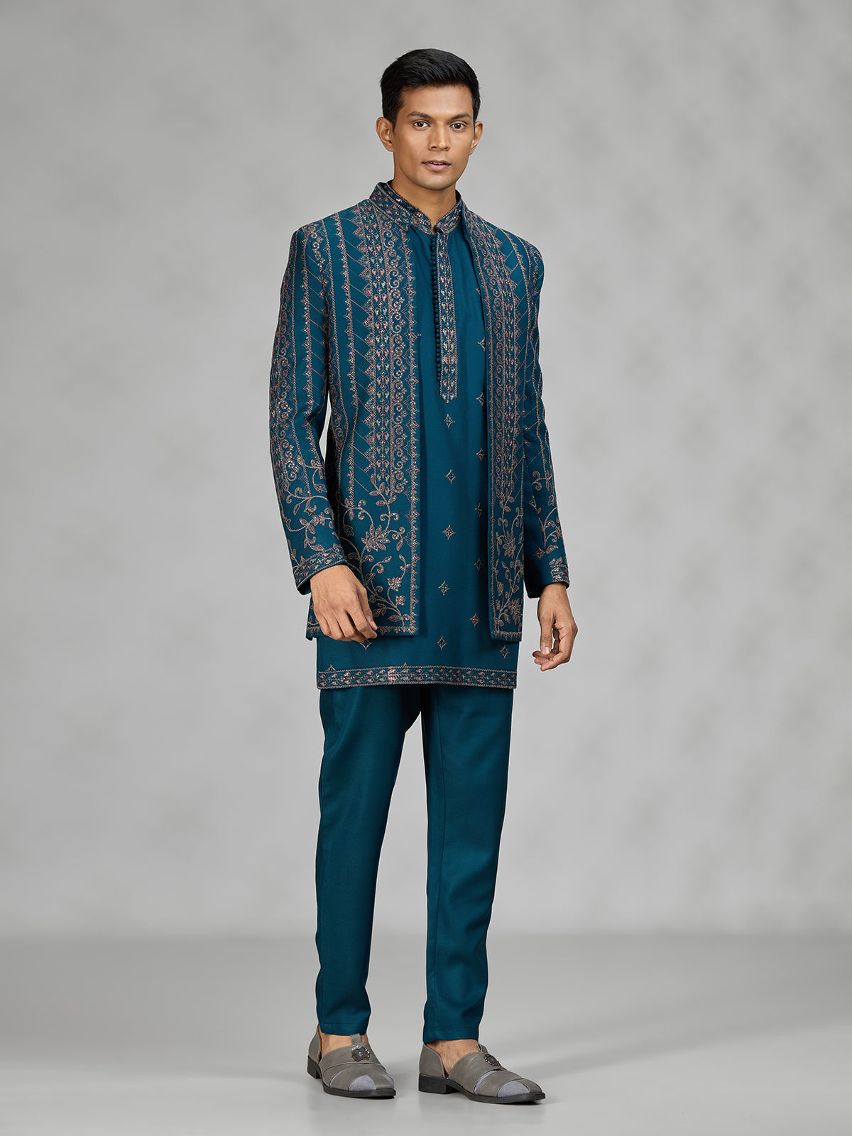 Teal blue layered mens indo western